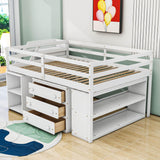 Full Size Kids Low Loft Bed with Desk and Stairs, Storage - [Dresser]