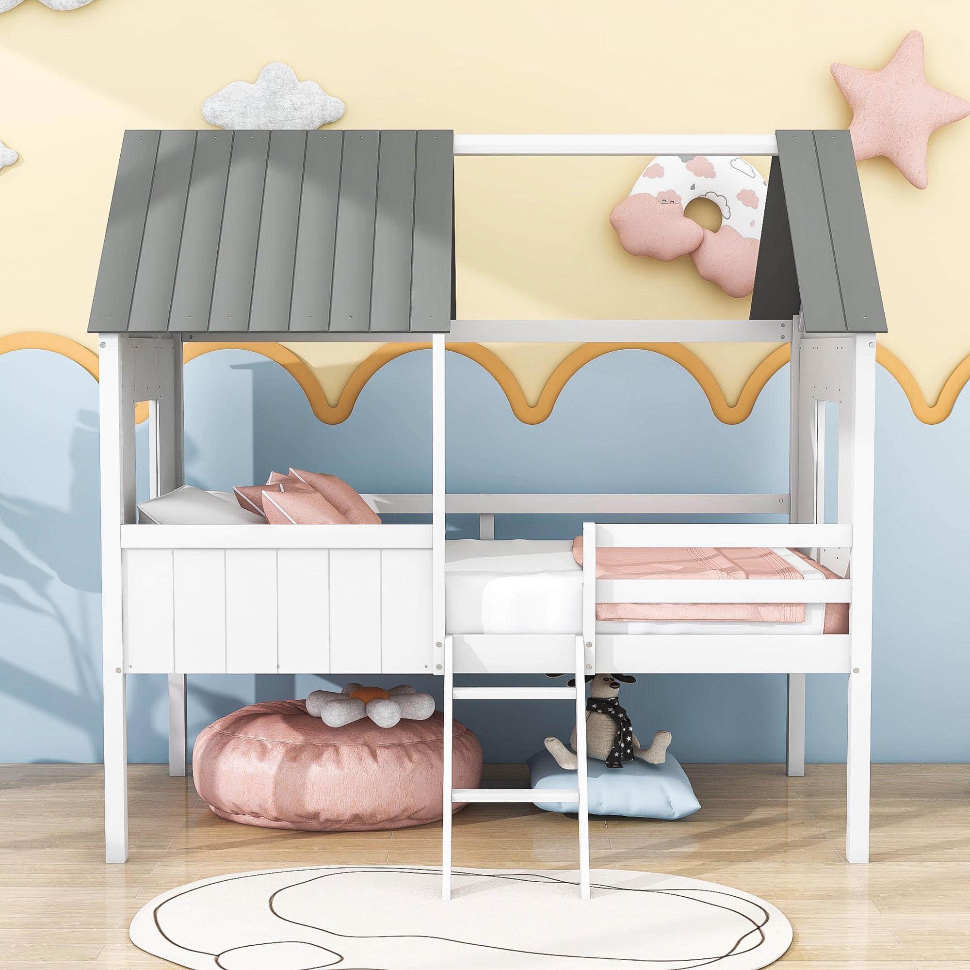 Low Twin Loft House Bed for Kids, Toddler - [Wood, Fun]