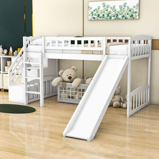 Low Twin Loft Bed with Storage Stairs and Slide - [Wood, Interchangeable]