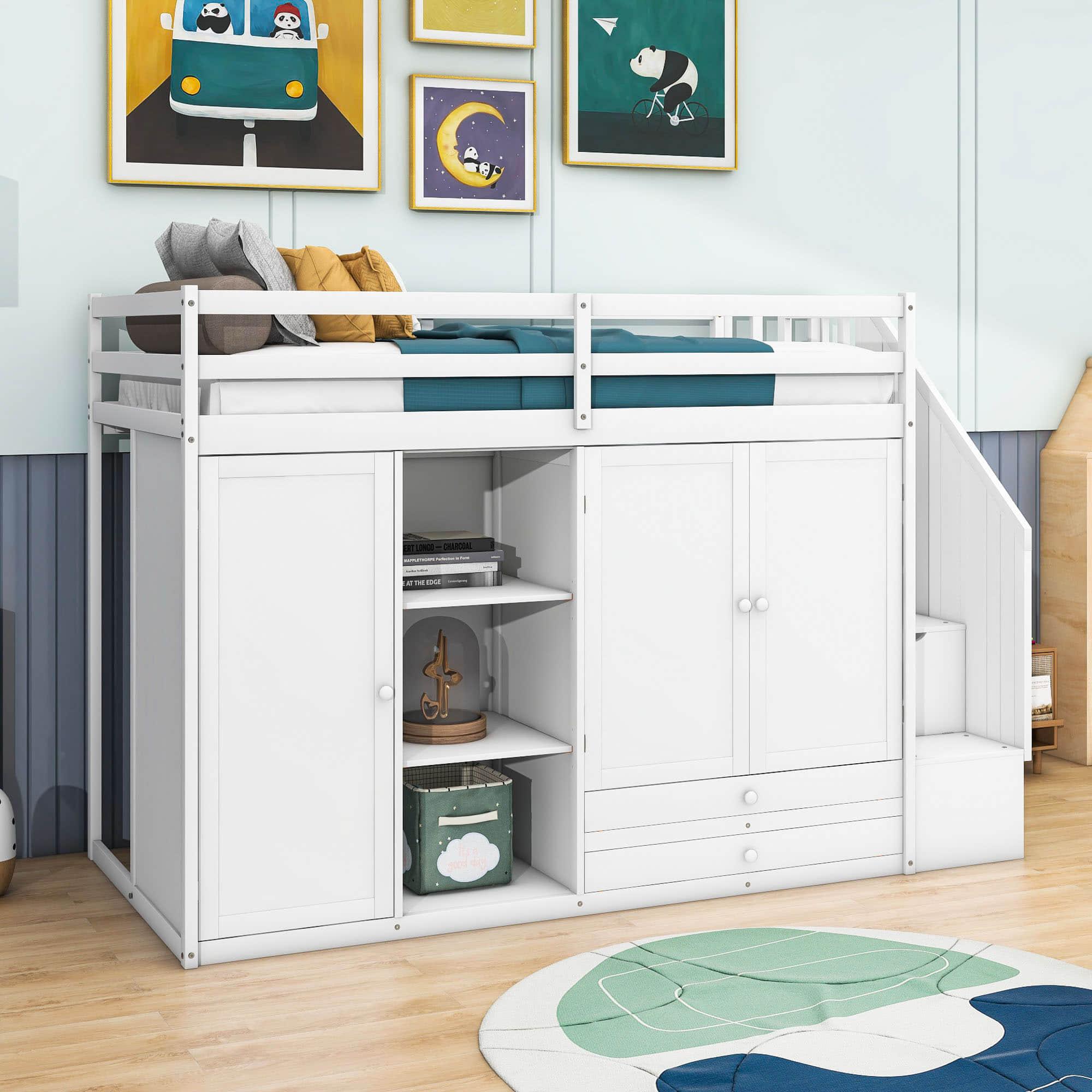 Medium Twin Loft Bed with Stairs and Storage - [Wood, Drawers, Wardrobe, Shelves]