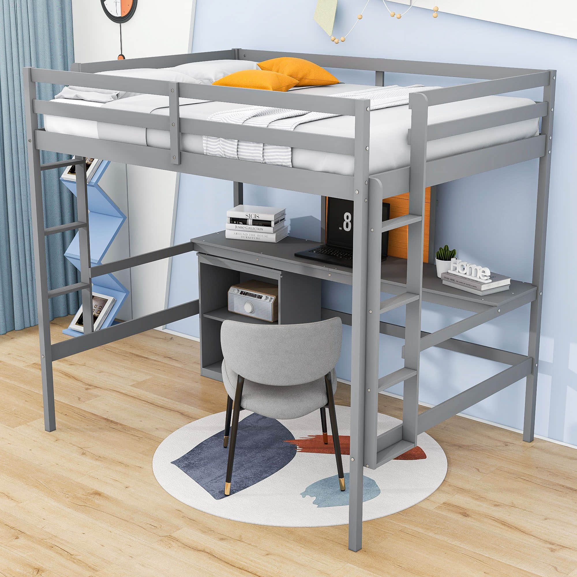 Full Size Loft Bed with Desk and Storage, Writing Board for Adults