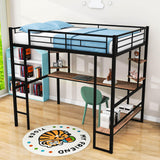 Modern Metal Full Size Loft Bed with Desk and Storage Shelves for Junior - [Black]