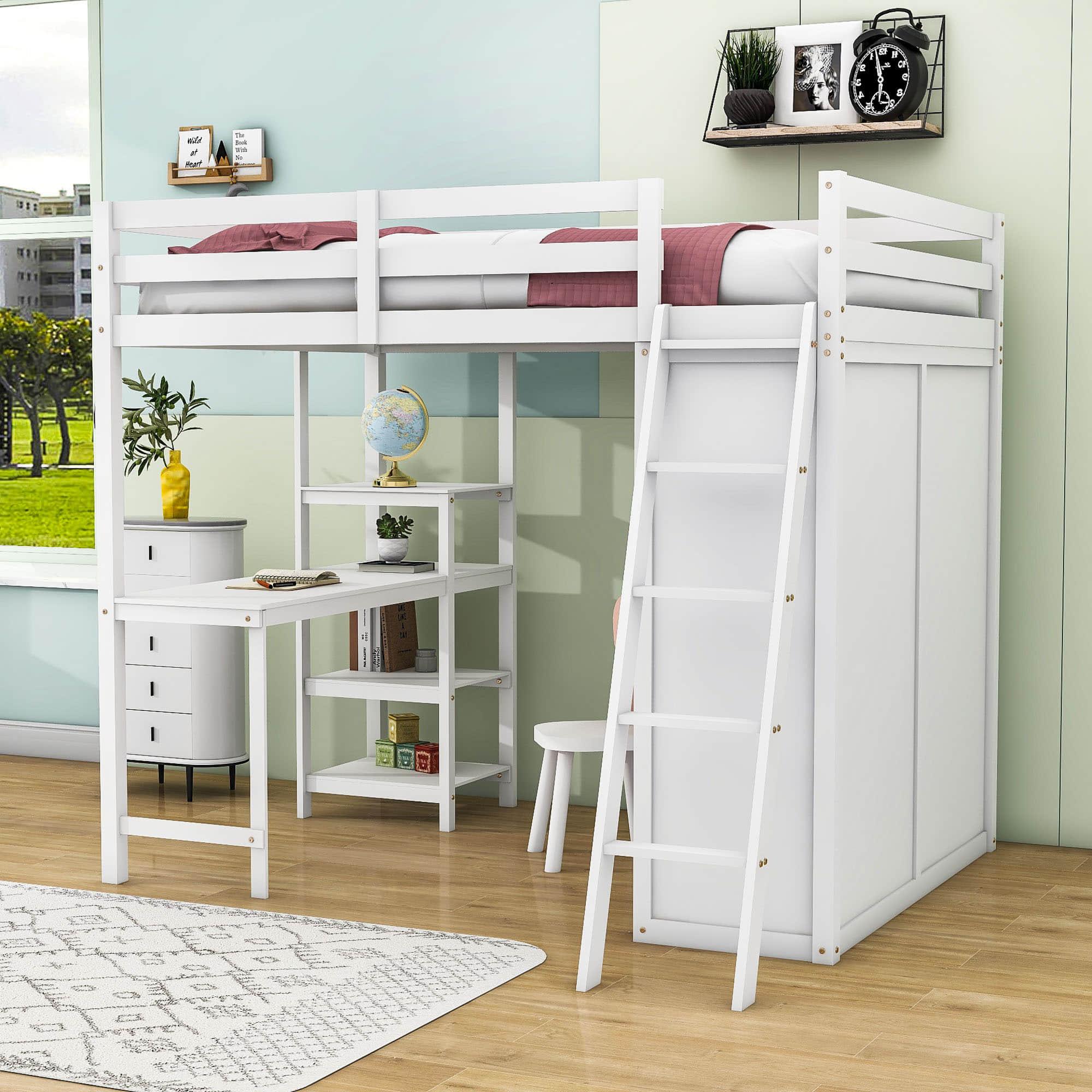 Full Size Loft Bed with Desk and Storage for Adults, Kids - [Wardrobe]