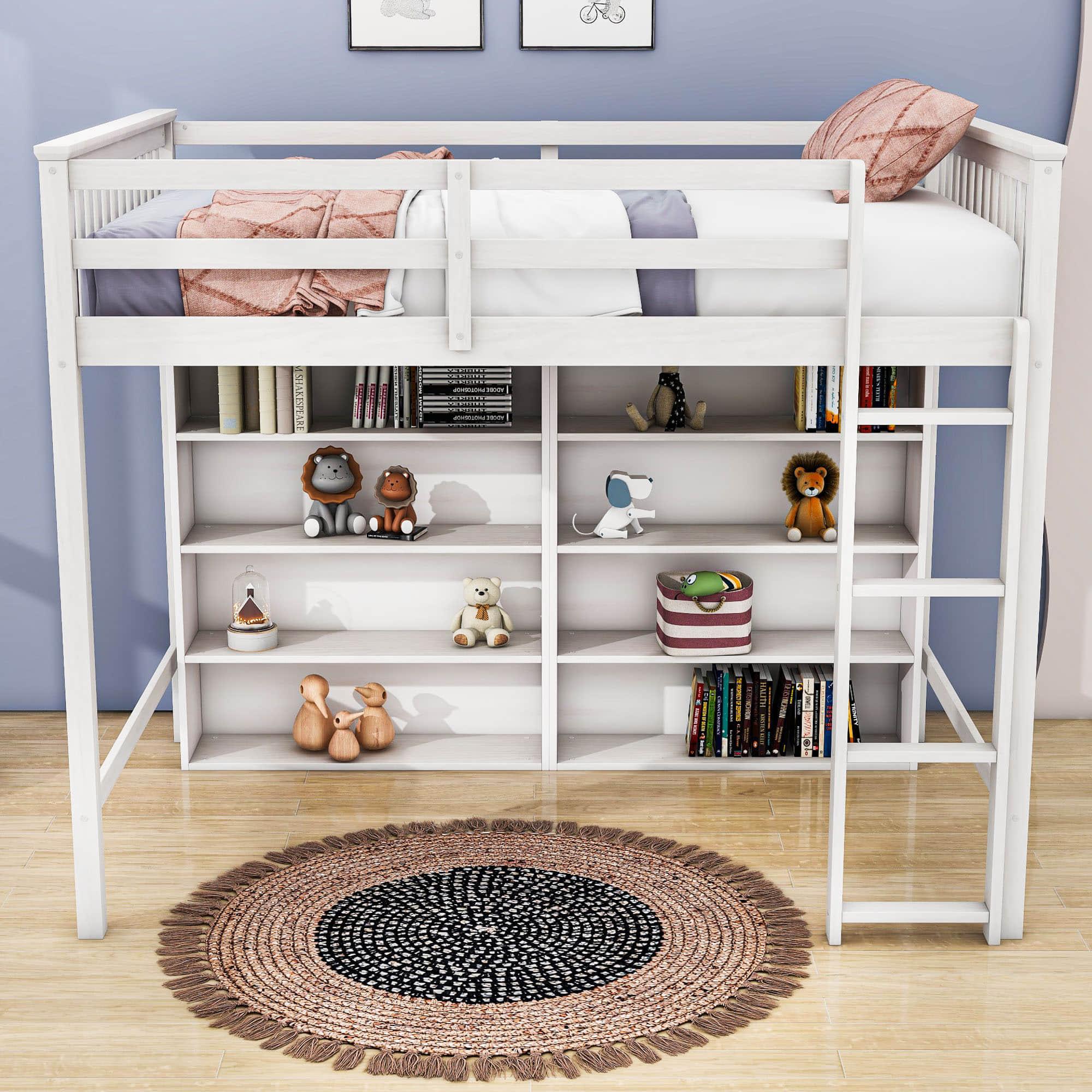 Full Size Loft Bed with Large Open Storage Shelves for Adults, Kids