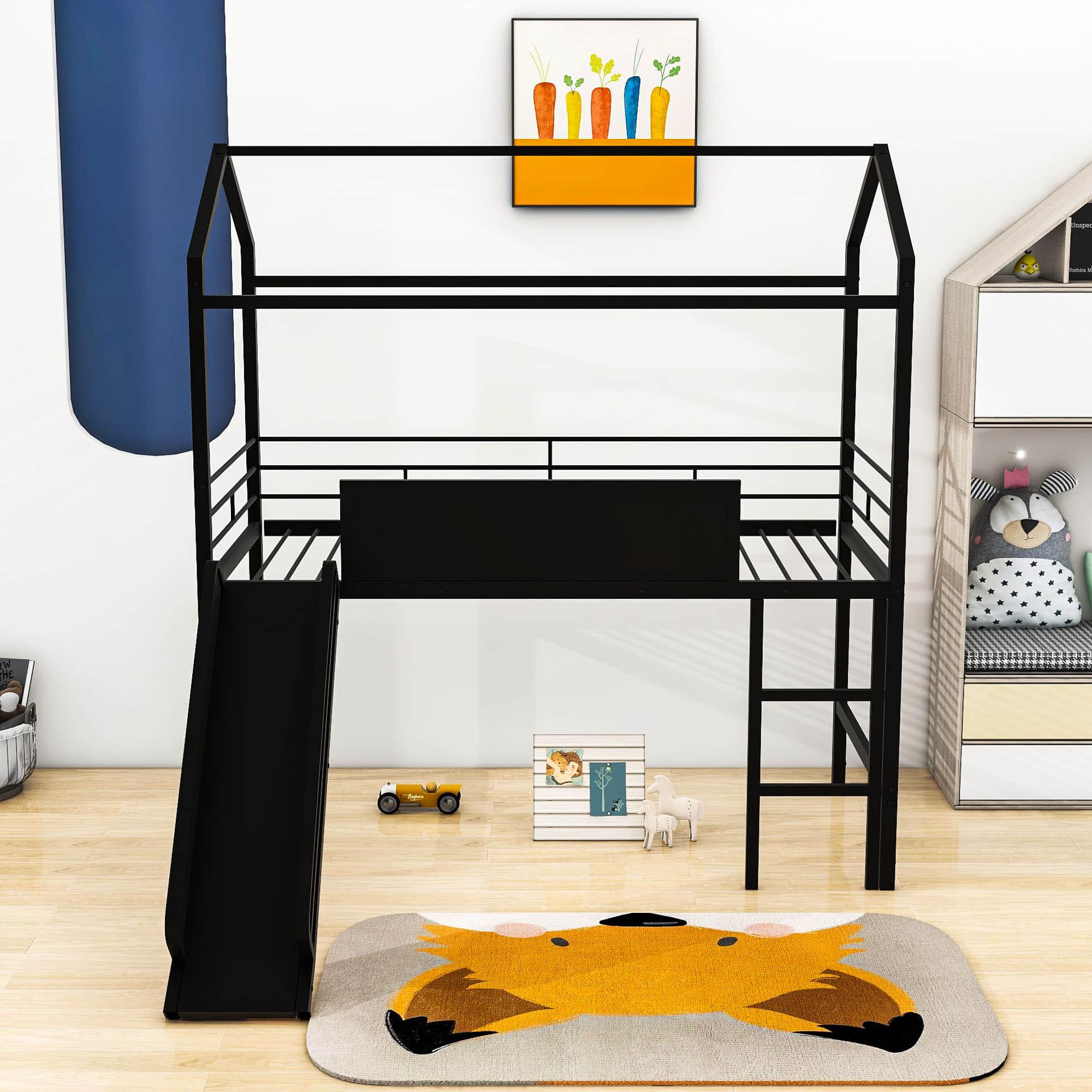 Low Metal Twin Playhouse Loft Bed with Slide, Chalkboard for Kids, Junior