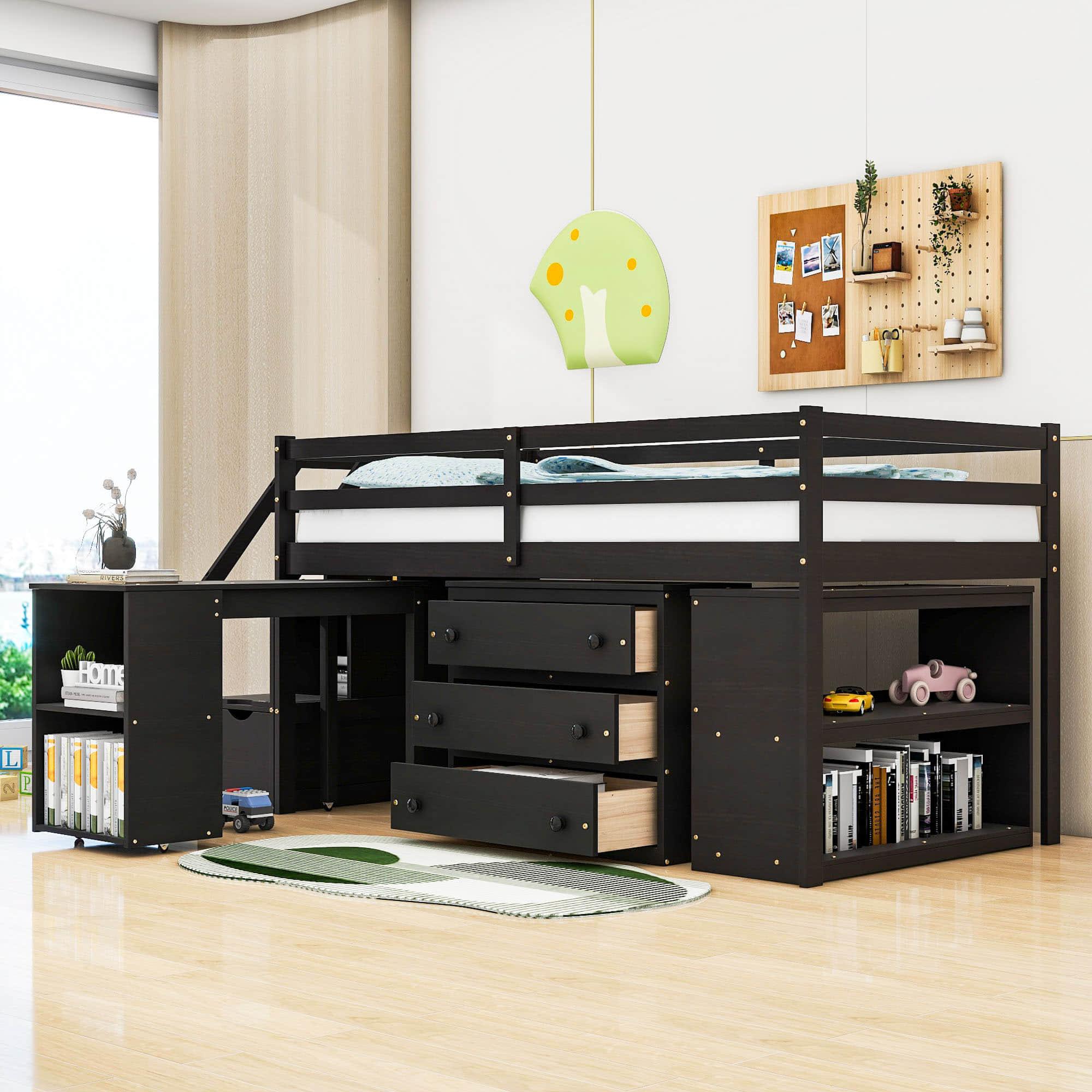 Low Twin Kids Loft Bed with Desk and Stairs, Storage - [Dresser]