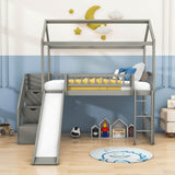 Kids Twin Playhouse Loft Bed with Storage Stairs and Slide - [Wood, Low]