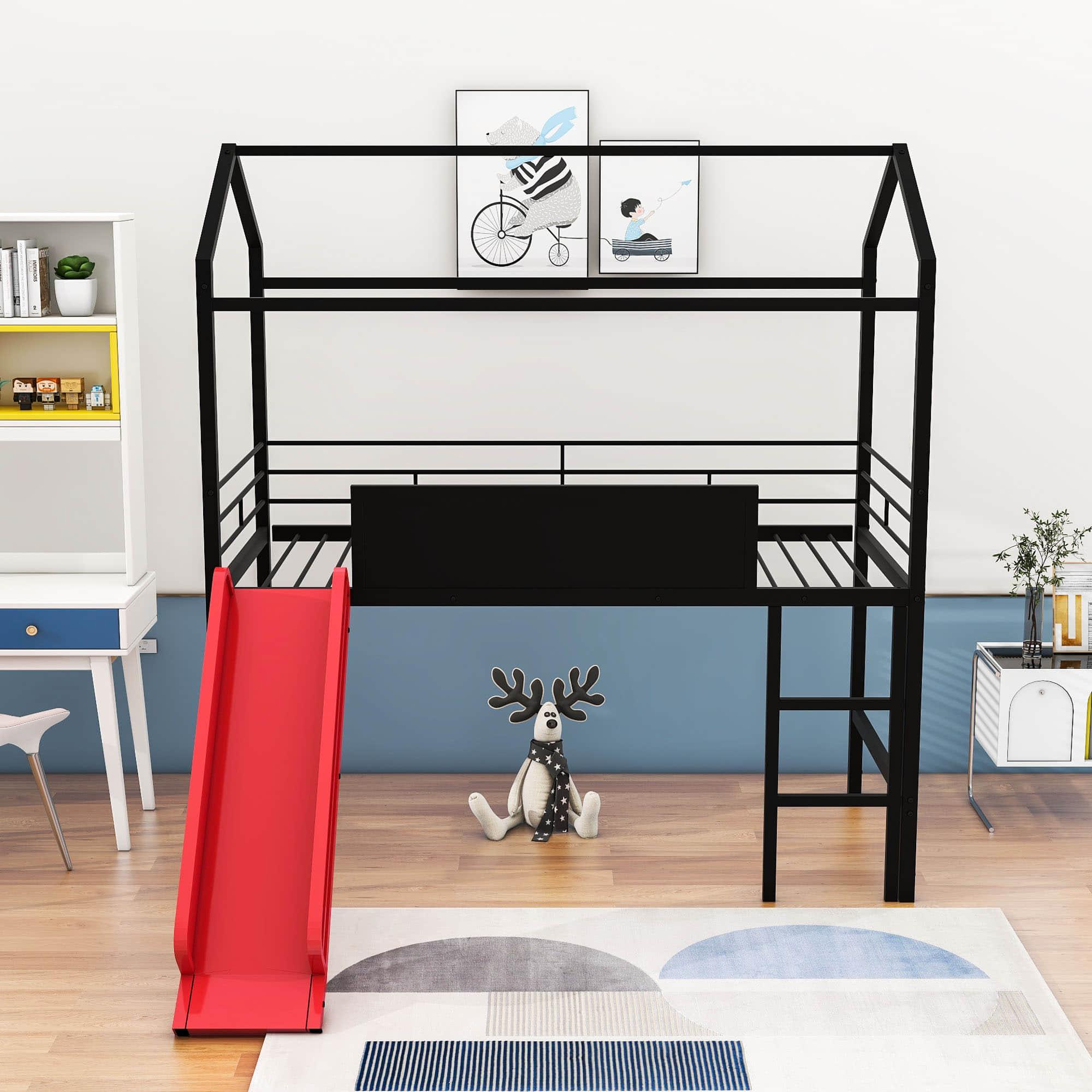 Low Metal Twin Playhouse Loft Bed with Slide, Chalkboard for Kids, Junior