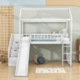 Kids Twin Playhouse Loft Bed with Storage Stairs and Slide - [Wood, Low]