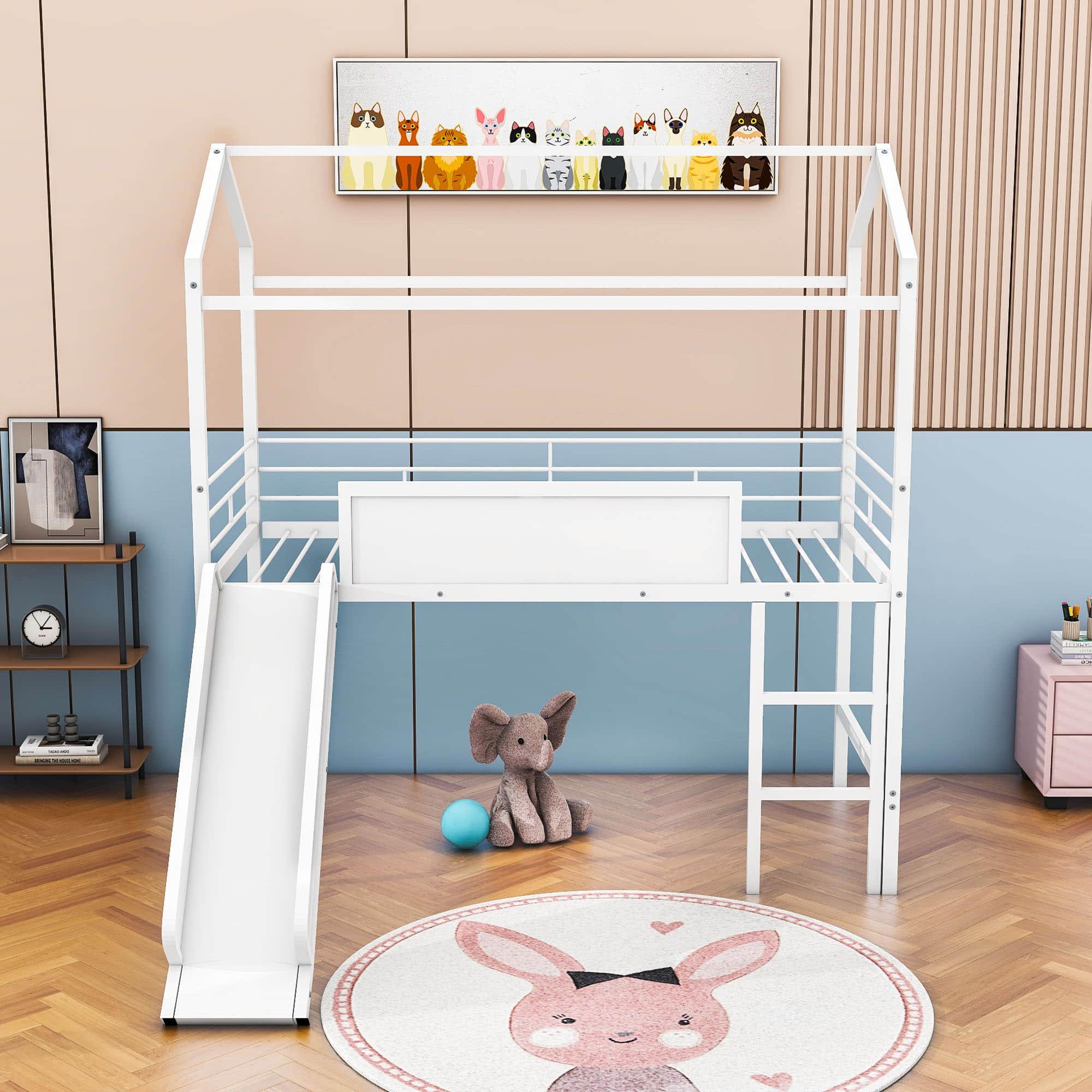 Low Metal Twin Playhouse Loft Bed with Slide, Chalkboard for Kids, Junior