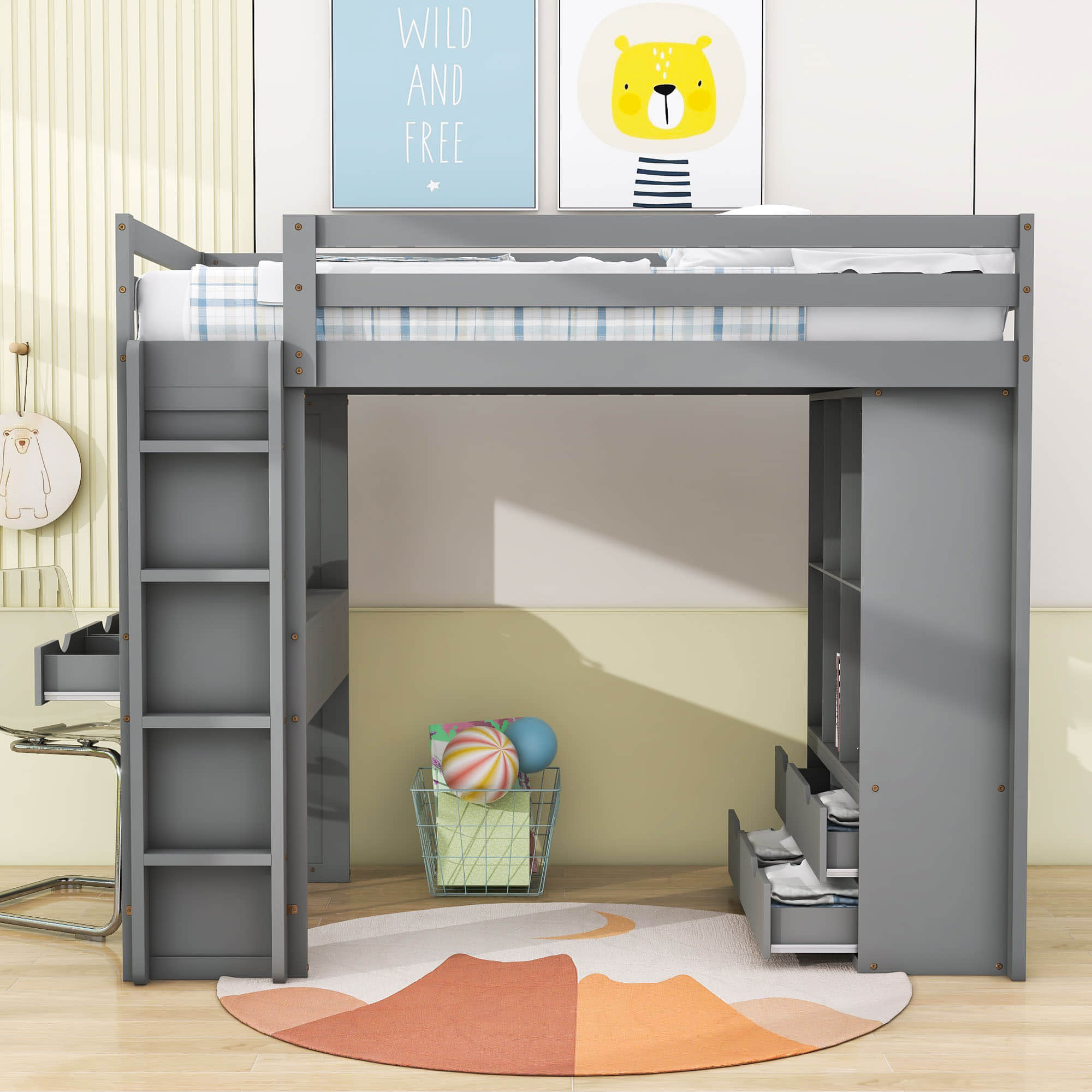 Modern Twin Loft Bed with Desk and Storage, LED Light for Adults, Teens