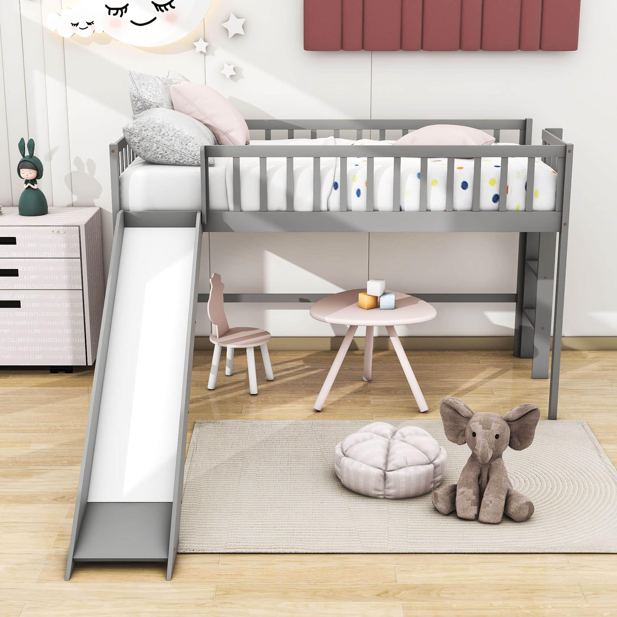 Small Twin Kids Loft Bed with Slide and Ladder - [Wood]