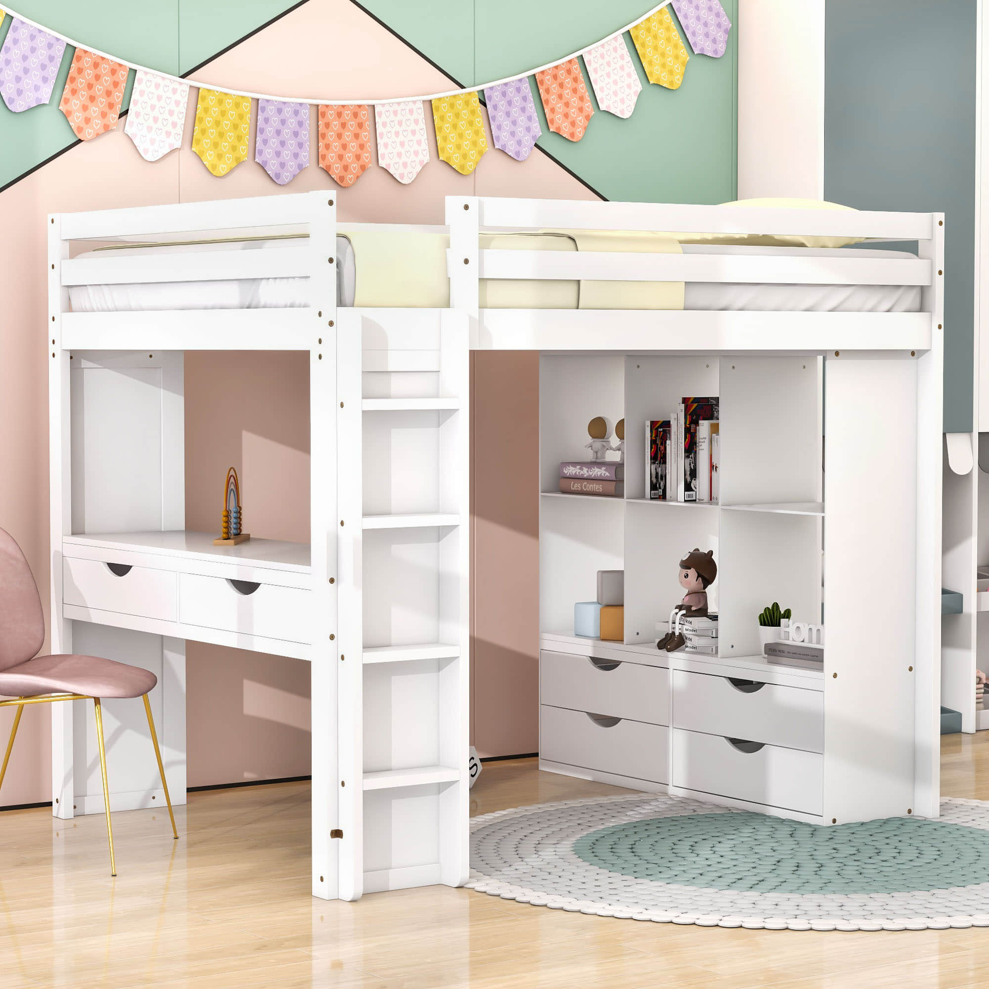 Modern Full Size Loft Bed with Desk and Storage for Adults, Teens