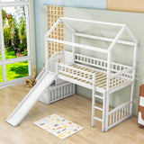 Kids Twin Playhouse Loft Bed with Storage Stairs and Slide - [Wood, Low]