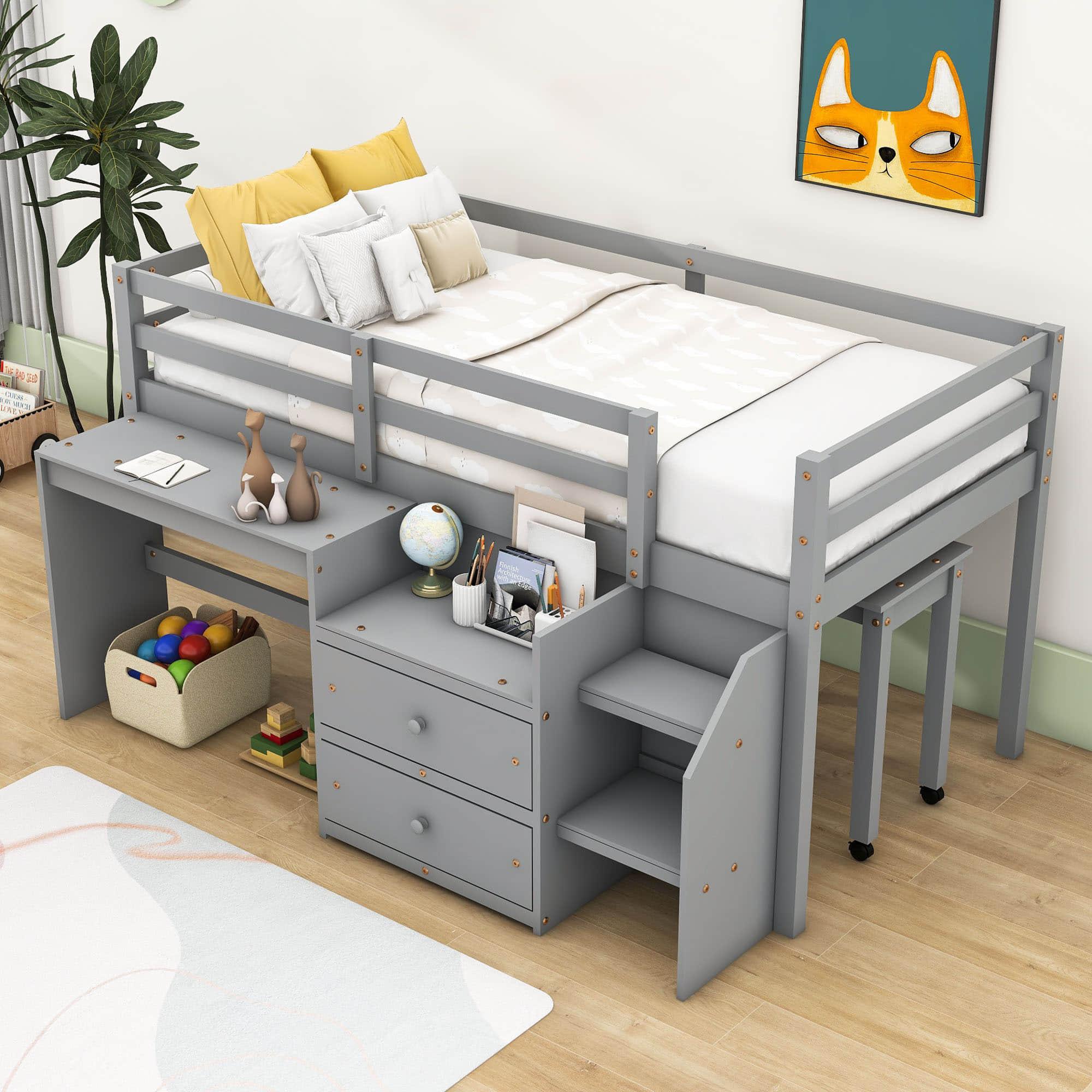 Twin Size Kids Low Loft Bed with Desk, Stairs and Storage Drawers