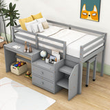 Twin Size Kids Low Loft Bed with Desk, Stairs and Storage Drawers