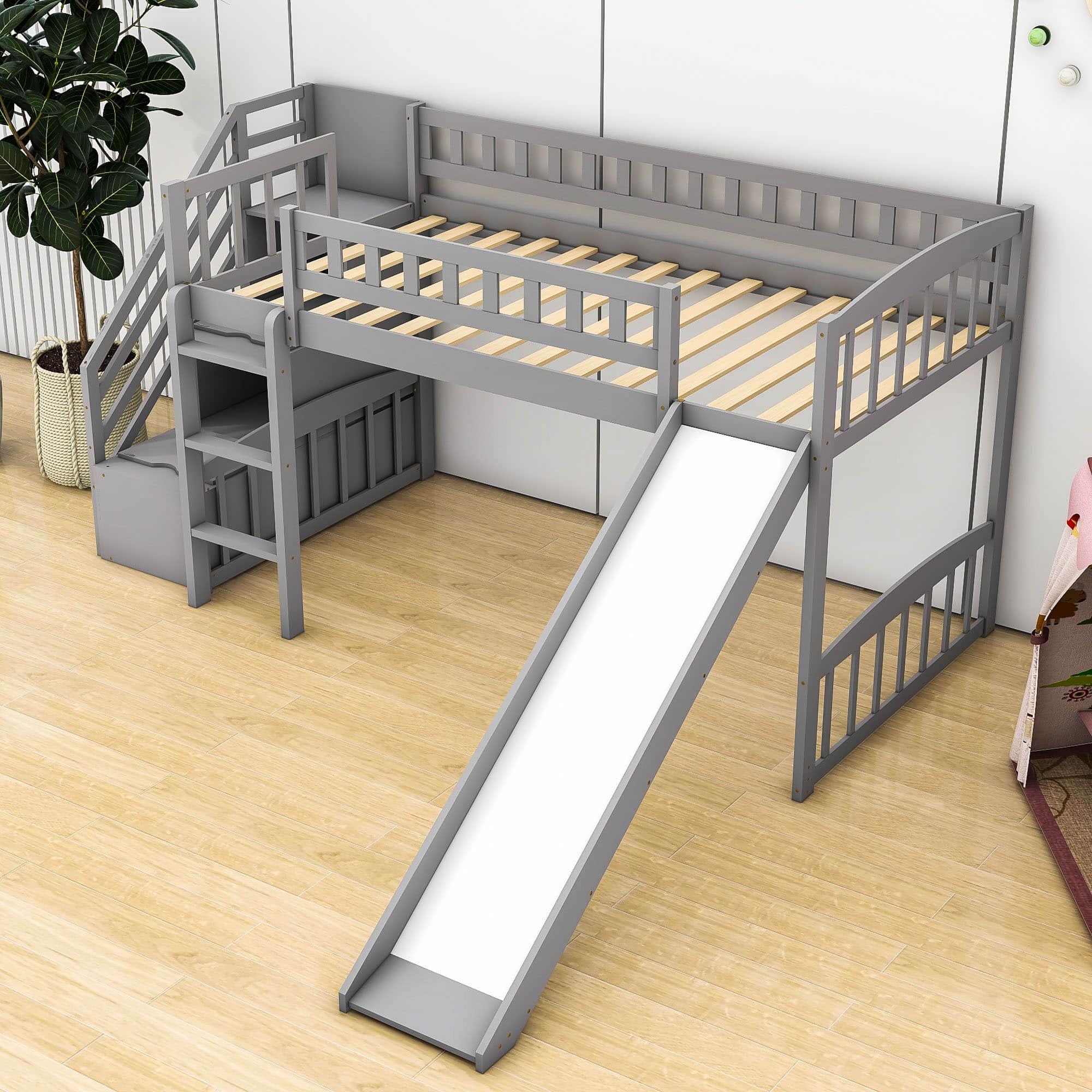 Low Twin Loft Bed with Storage Stairs and Slide - [Wood, Interchangeable]