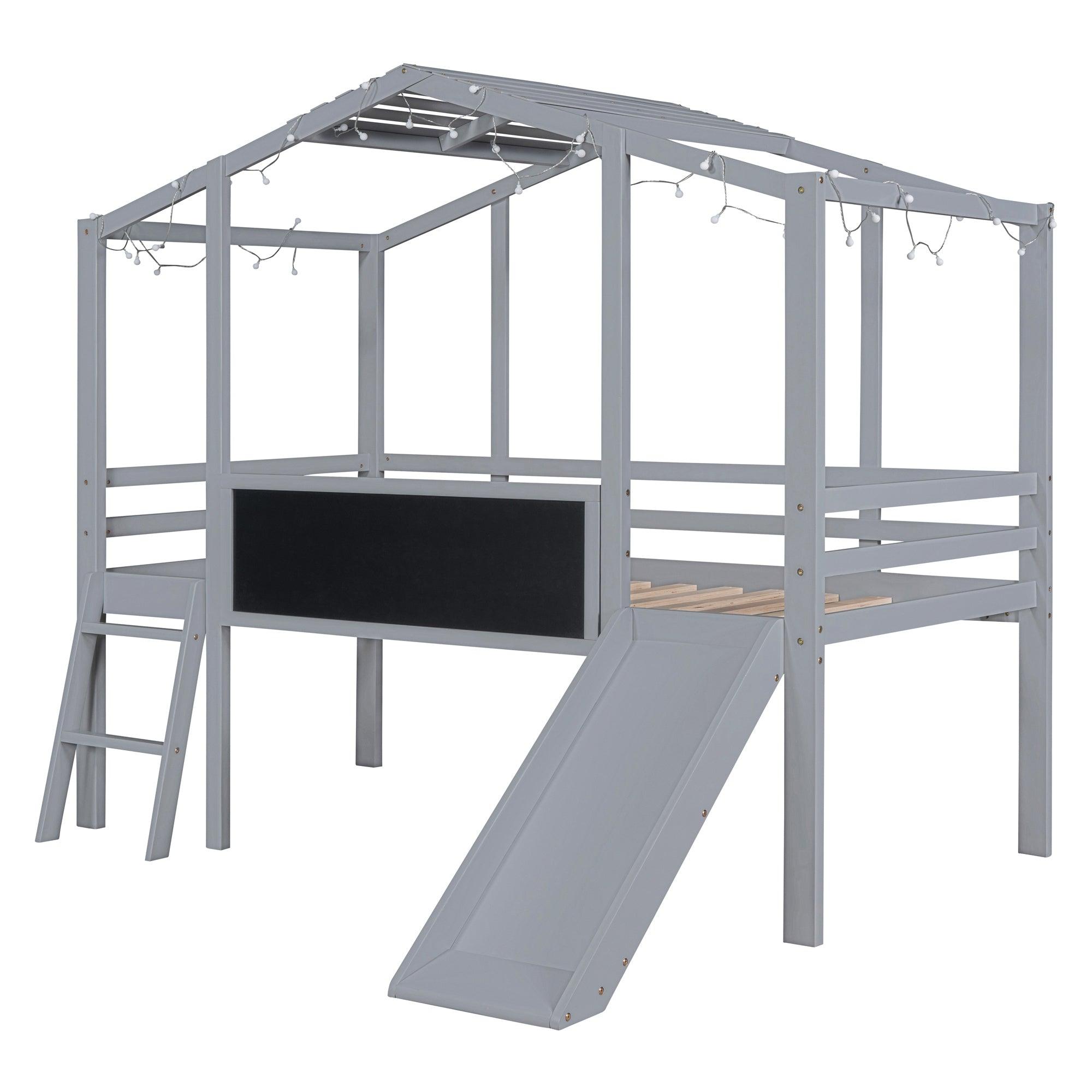 Twin House Low Loft Bed with Slide and Blackboard for Kids, Toddler - [Wood]