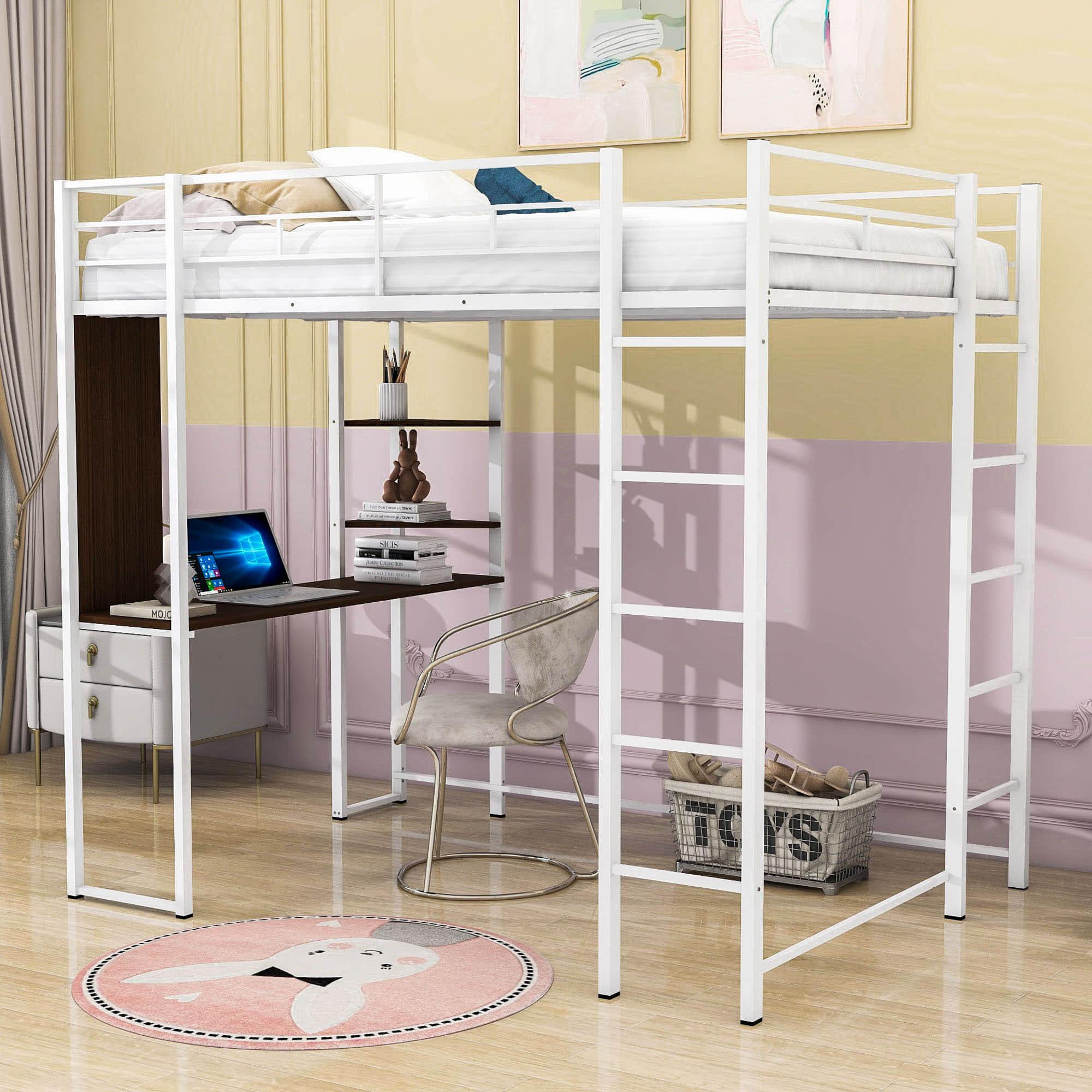 Metal Full Size Loft Bed Frame with Desk and Shelves - [2 Ladders]