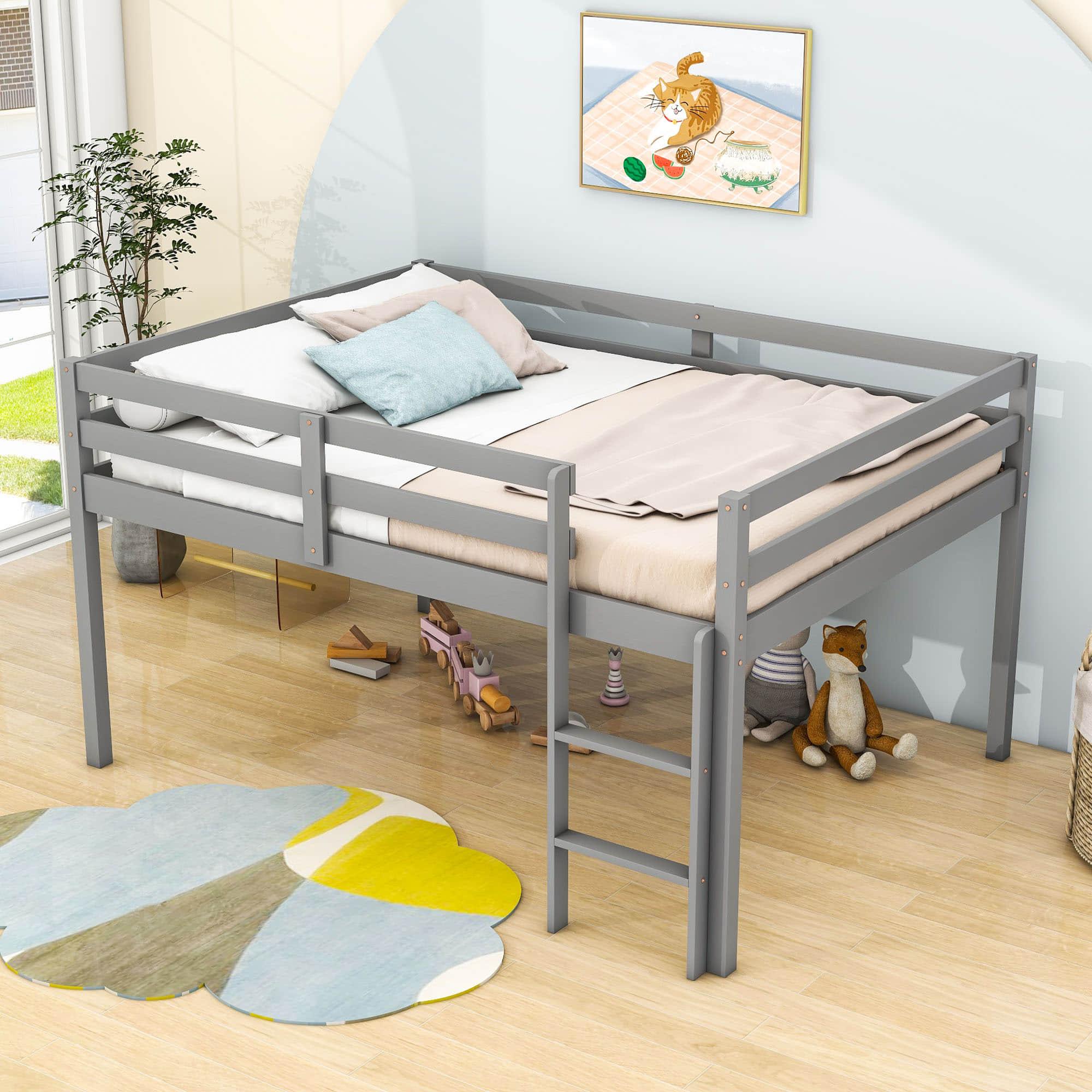 Kids Wooden Full Size Low Loft Bed - [Toddler, Boys, Girls]