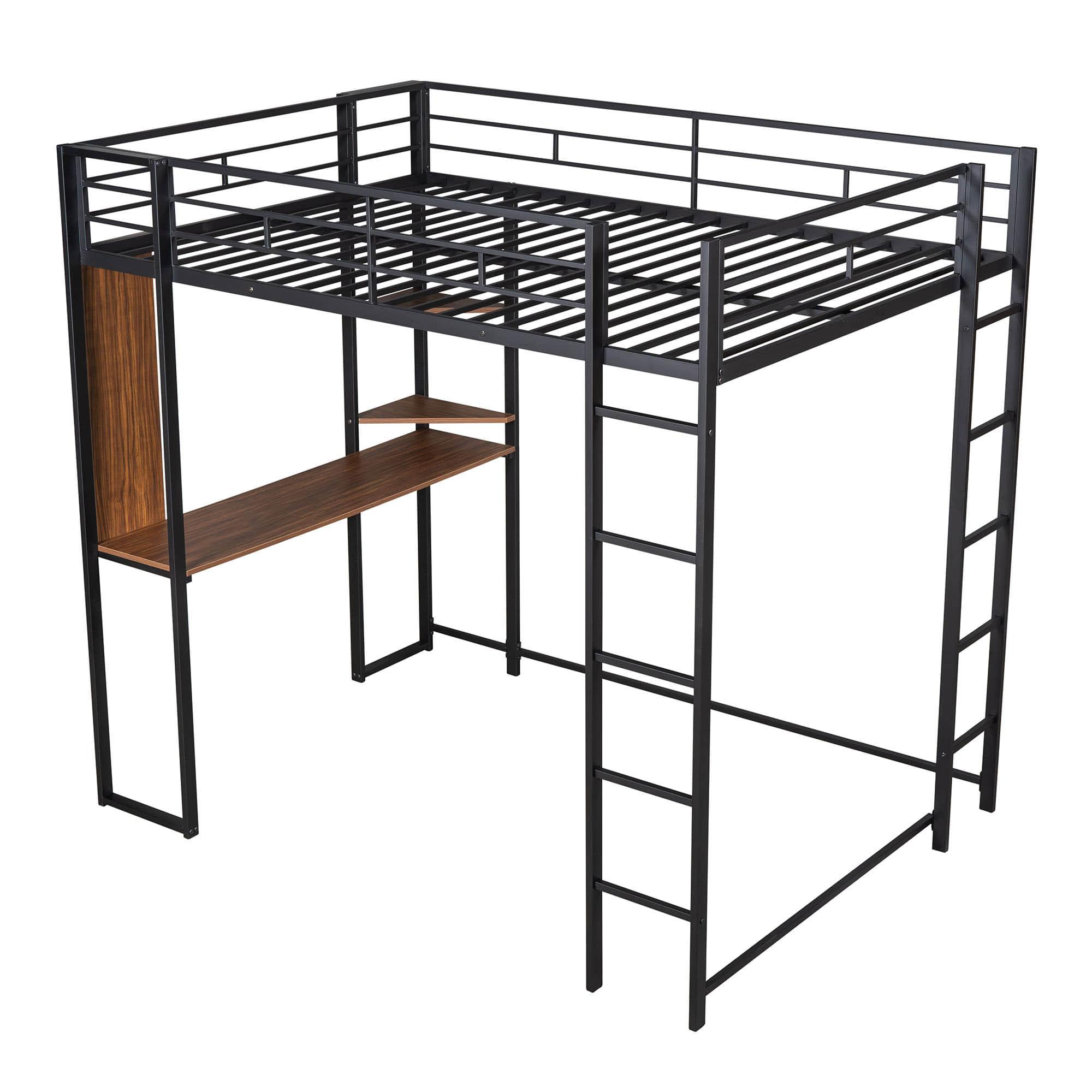 Metal Full Size Loft Bed Frame with Desk and Shelves - [2 Ladders]