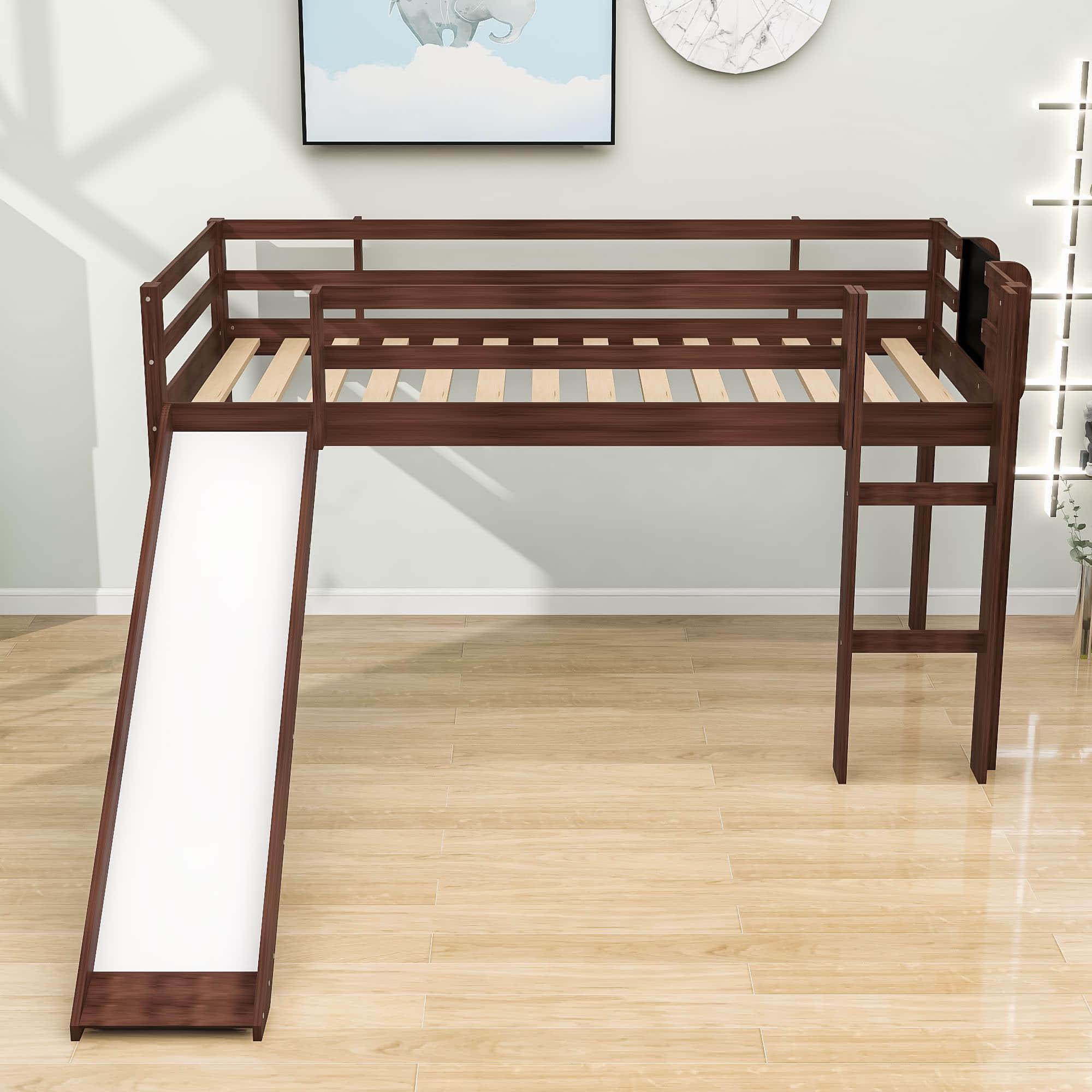 Low Twin Loft Bed with Slide and Chalkboard for Kids - [Wood, Interchangeable]