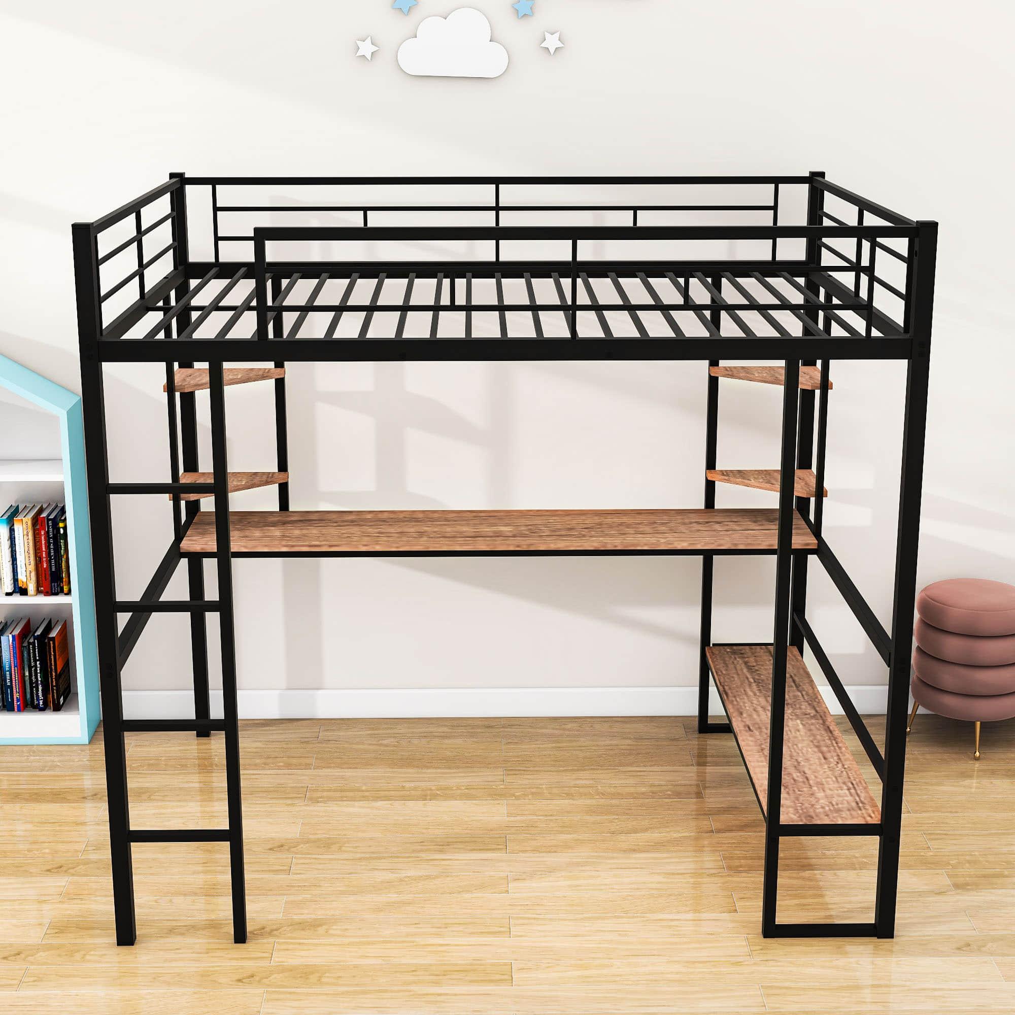 Modern Metal Full Size Loft Bed with Desk and Storage Shelves for Junior - [Black]