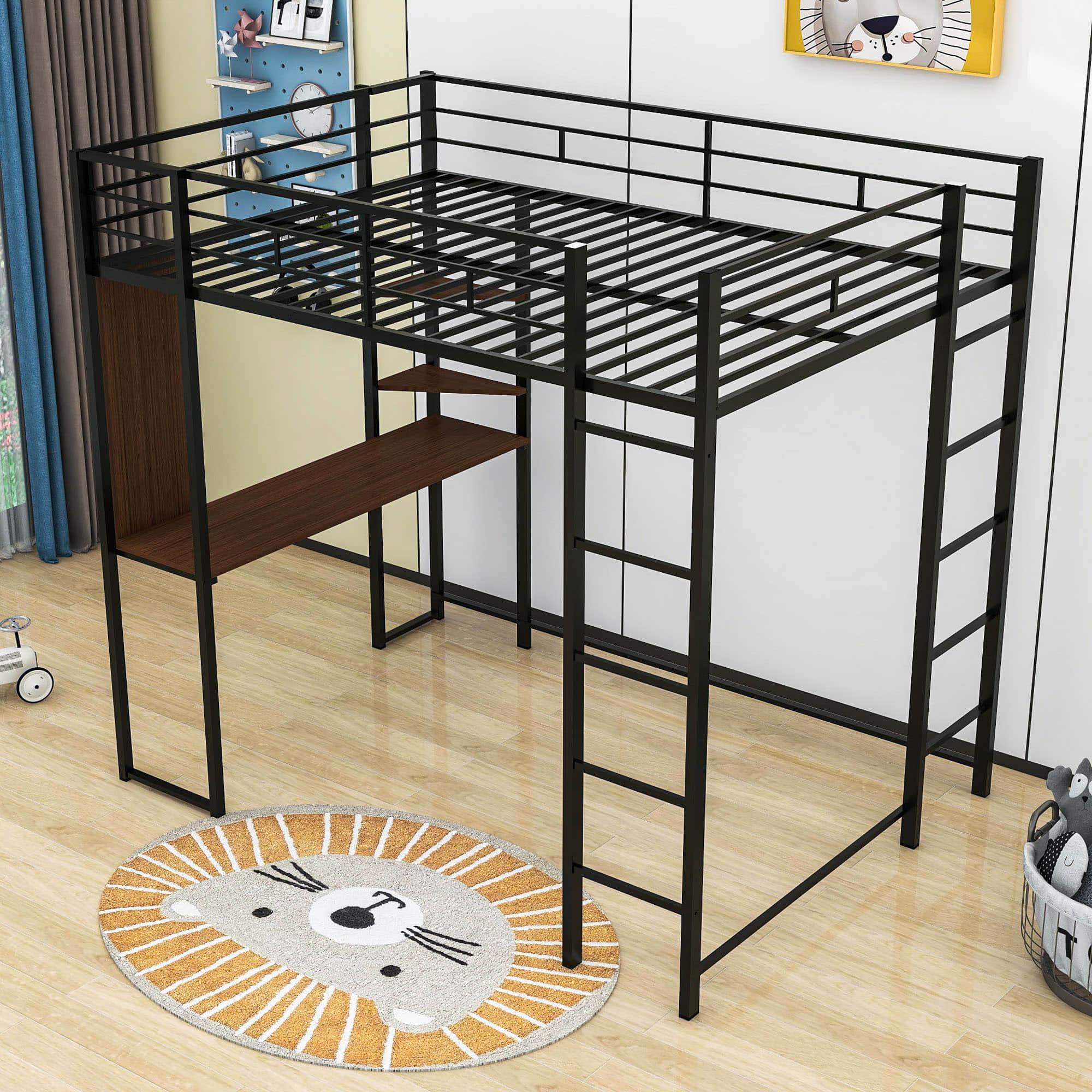 Metal Full Size Loft Bed Frame with Desk and Shelves - [2 Ladders]