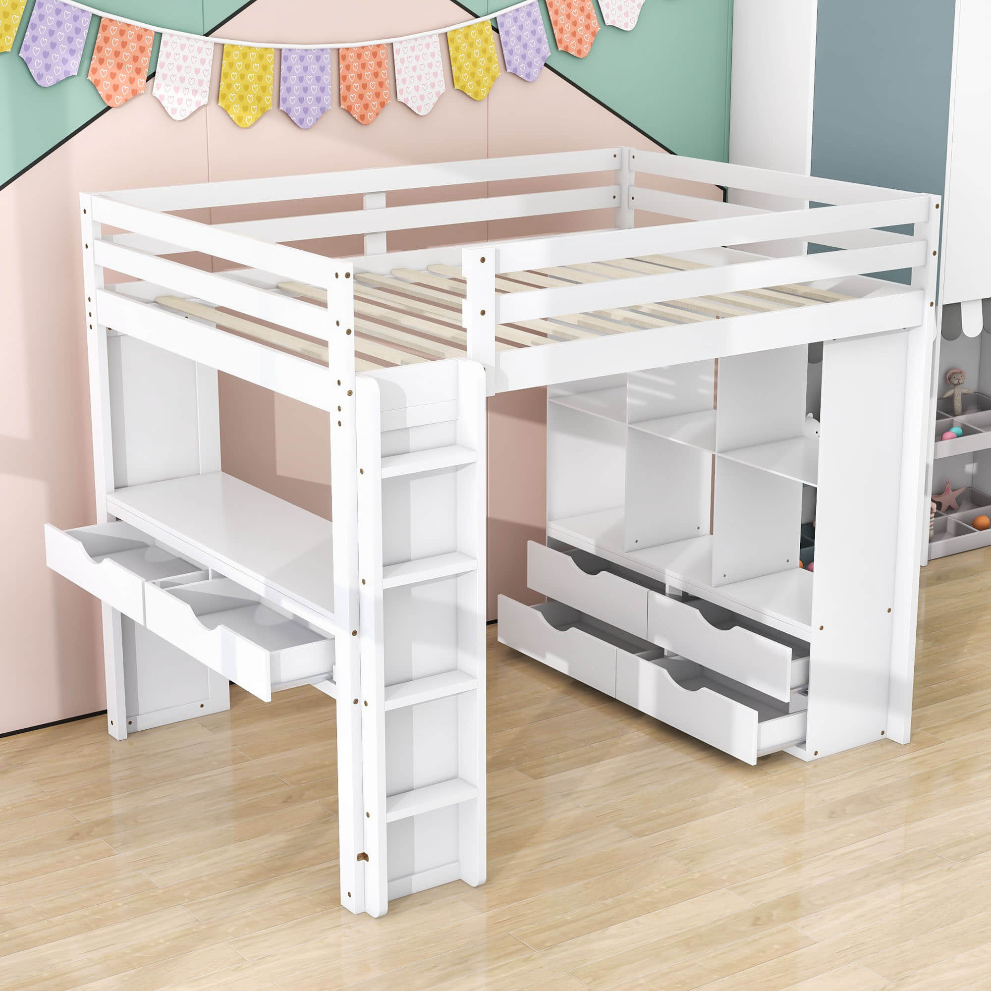 Modern Full Size Loft Bed with Desk and Storage for Adults, Teens