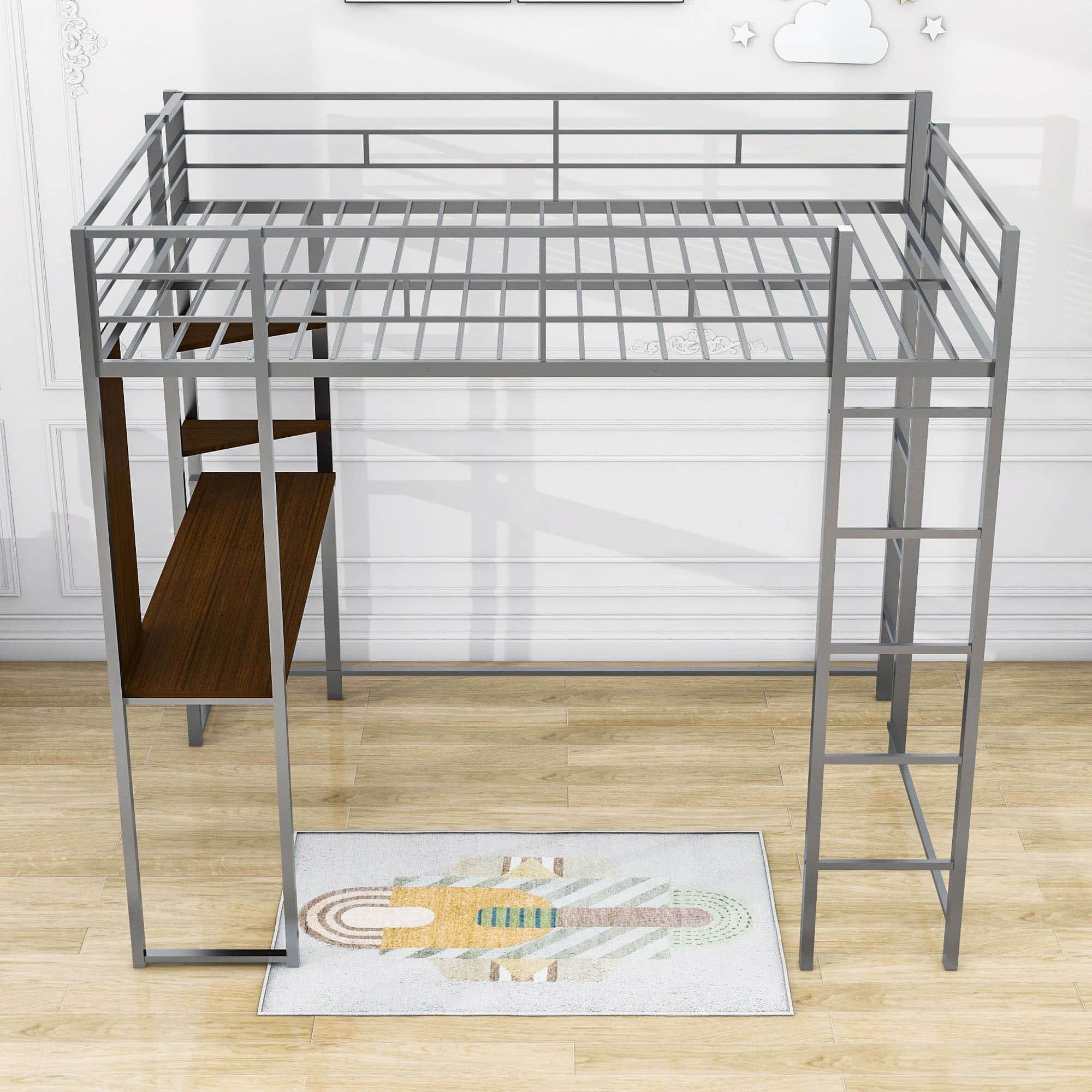 Metal Full Size Loft Bed Frame with Desk and Shelves - [2 Ladders]