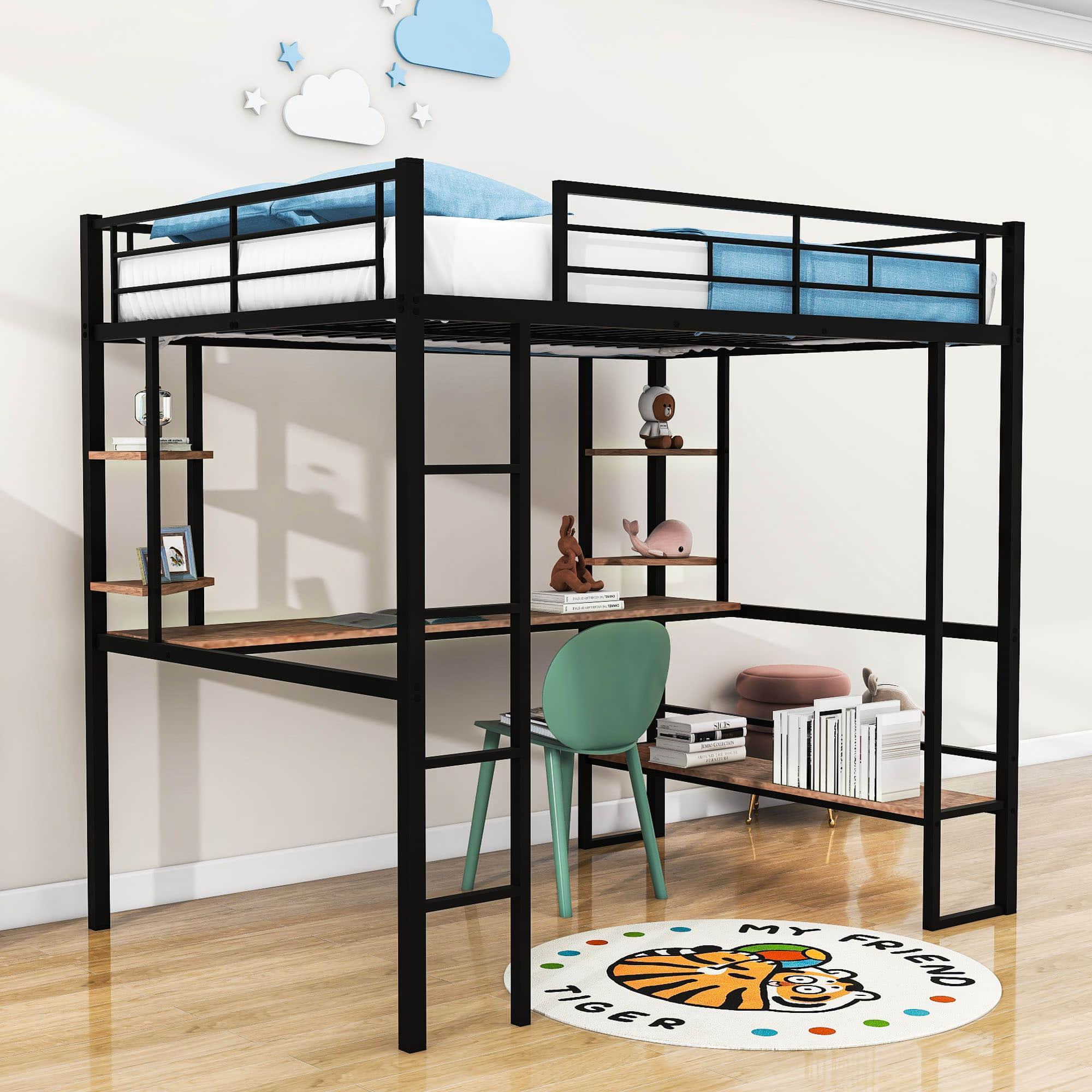 Modern Metal Full Size Loft Bed with Desk and Storage Shelves for Junior - [Black]