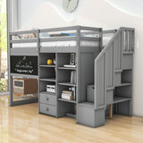 Twin Loft Bed with Stairs and Desk, Storage - [Wood, Drawers, Shelves, Blackboard]