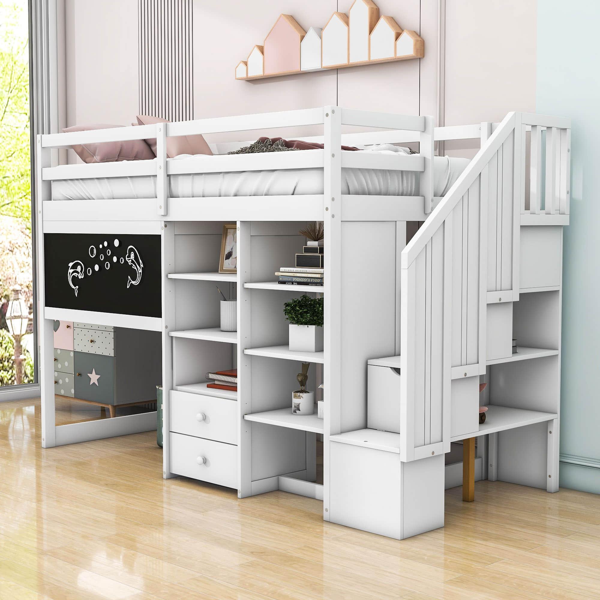 Twin Loft Bed with Stairs and Desk, Storage - [Wood, Drawers, Shelves, Blackboard]