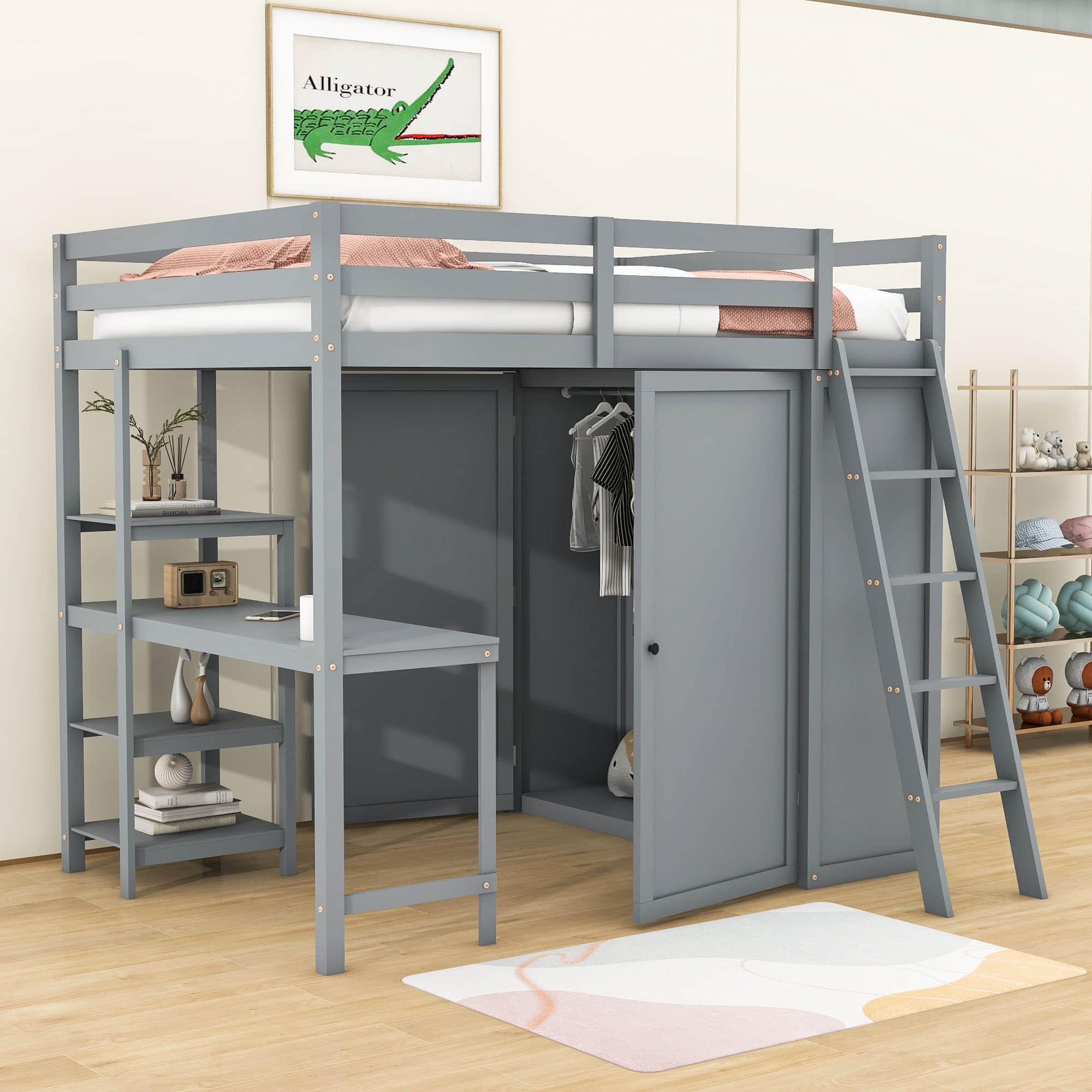 Full Size Loft Bed with Desk and Storage for Adults, Kids - [Wardrobe]