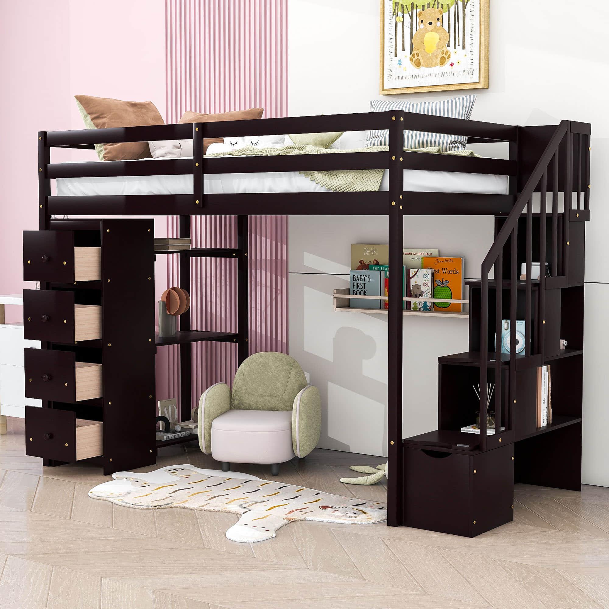 Twin Loft Bed with Stairs and Storage for Kids, Junior - [Wood, Drawers, Shelves]