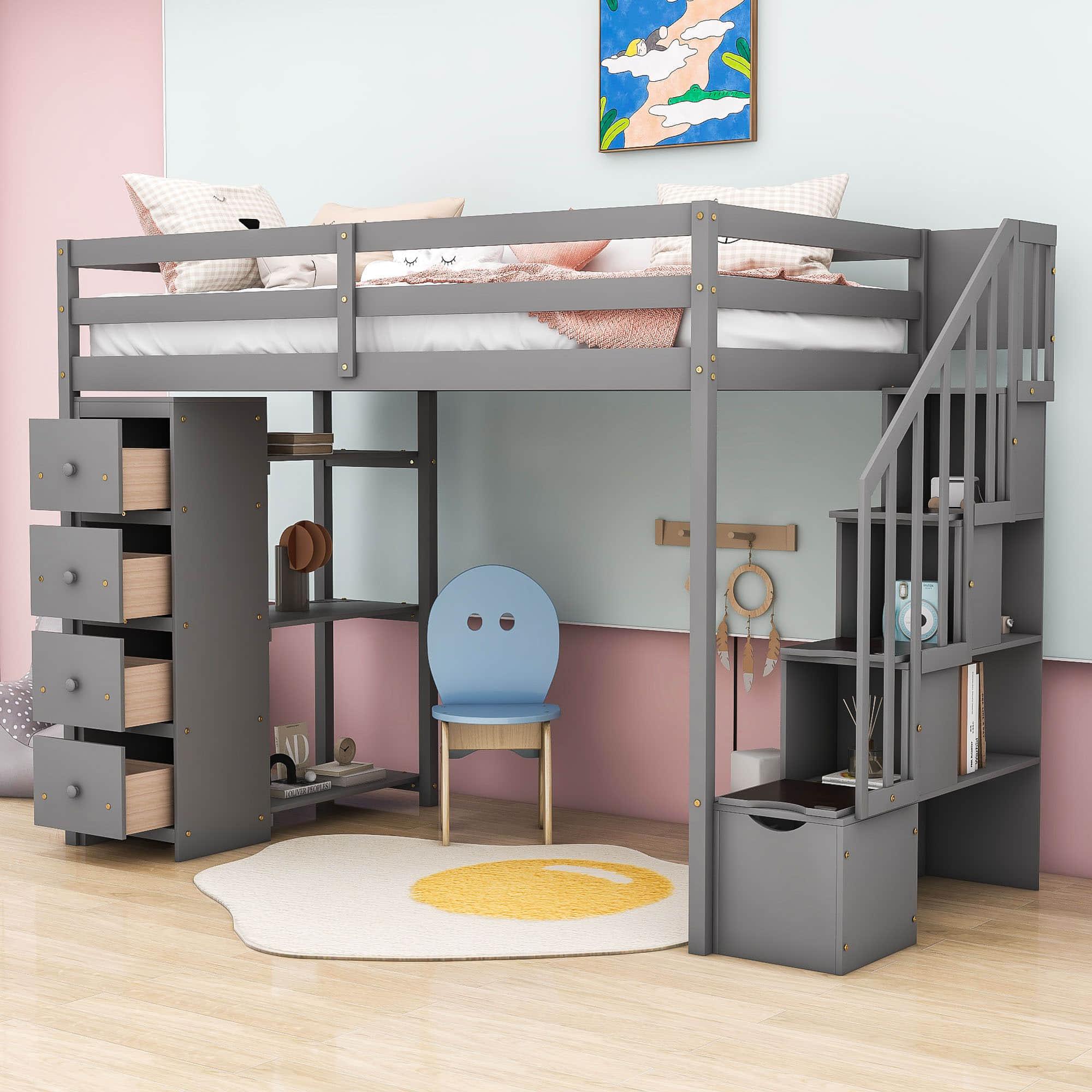 Twin Loft Bed with Stairs and Storage for Kids, Junior - [Wood, Drawers, Shelves]