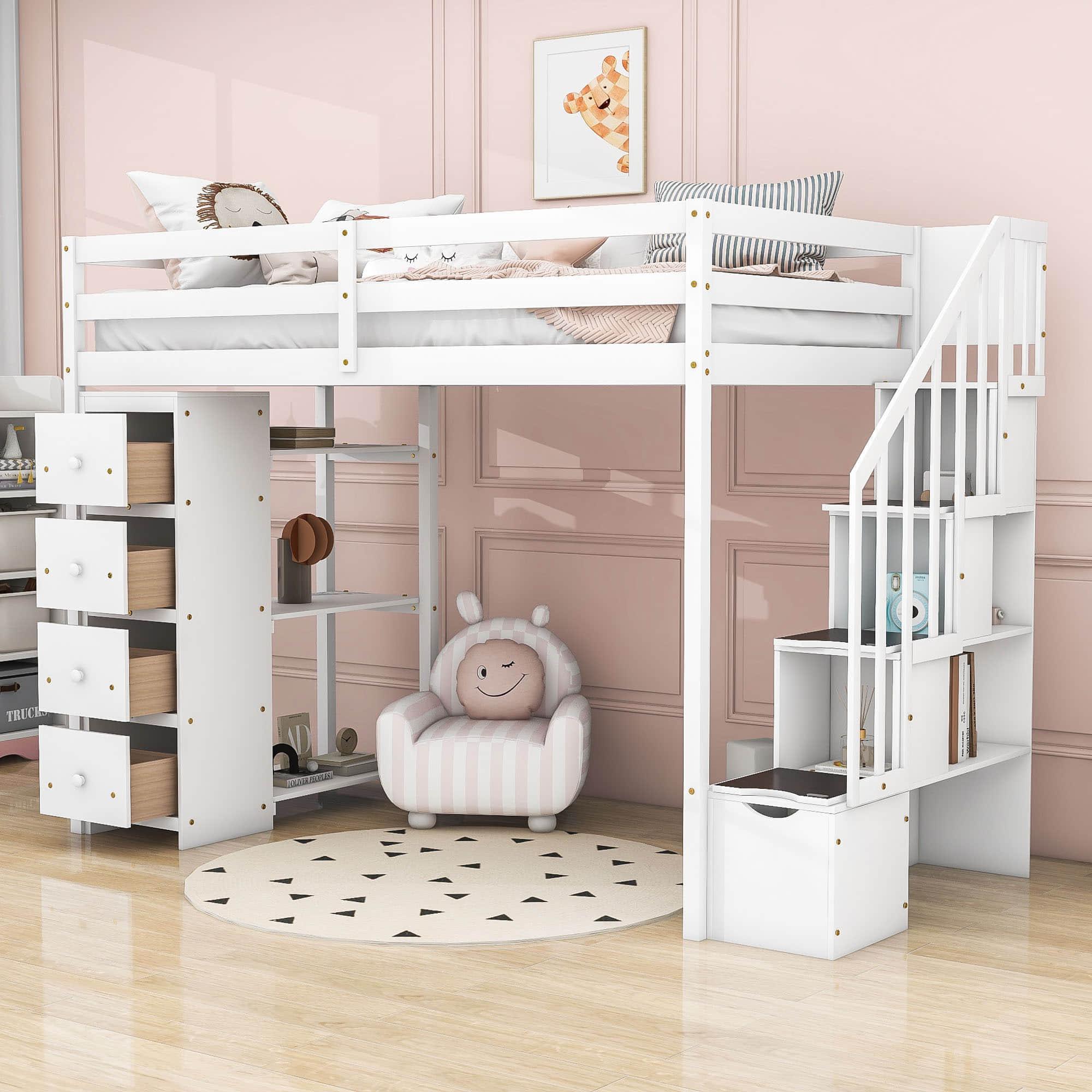 Twin Loft Bed with Stairs and Storage for Kids, Junior - [Wood, Drawers, Shelves]