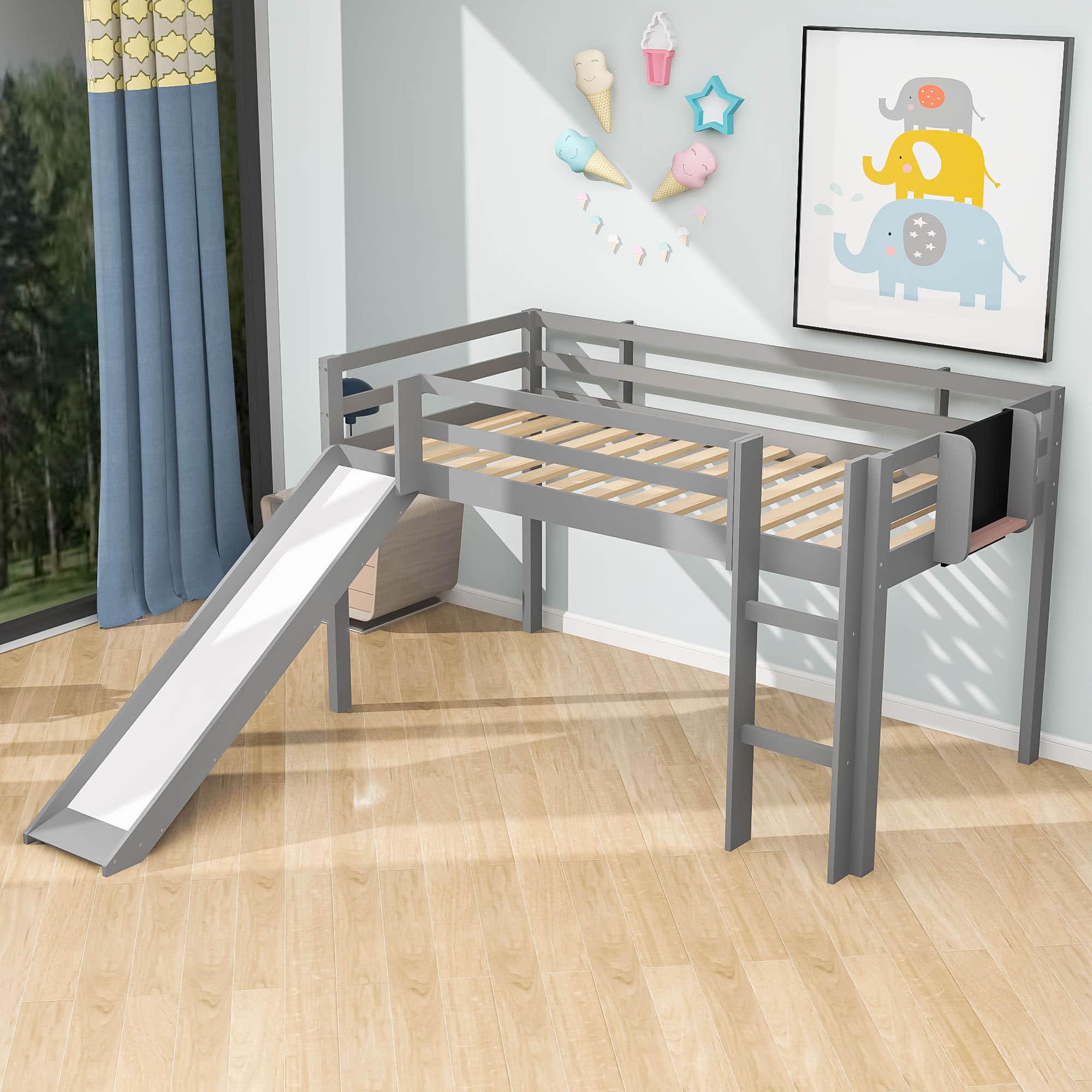 Low Twin Loft Bed with Slide and Chalkboard for Kids - [Wood, Interchangeable]