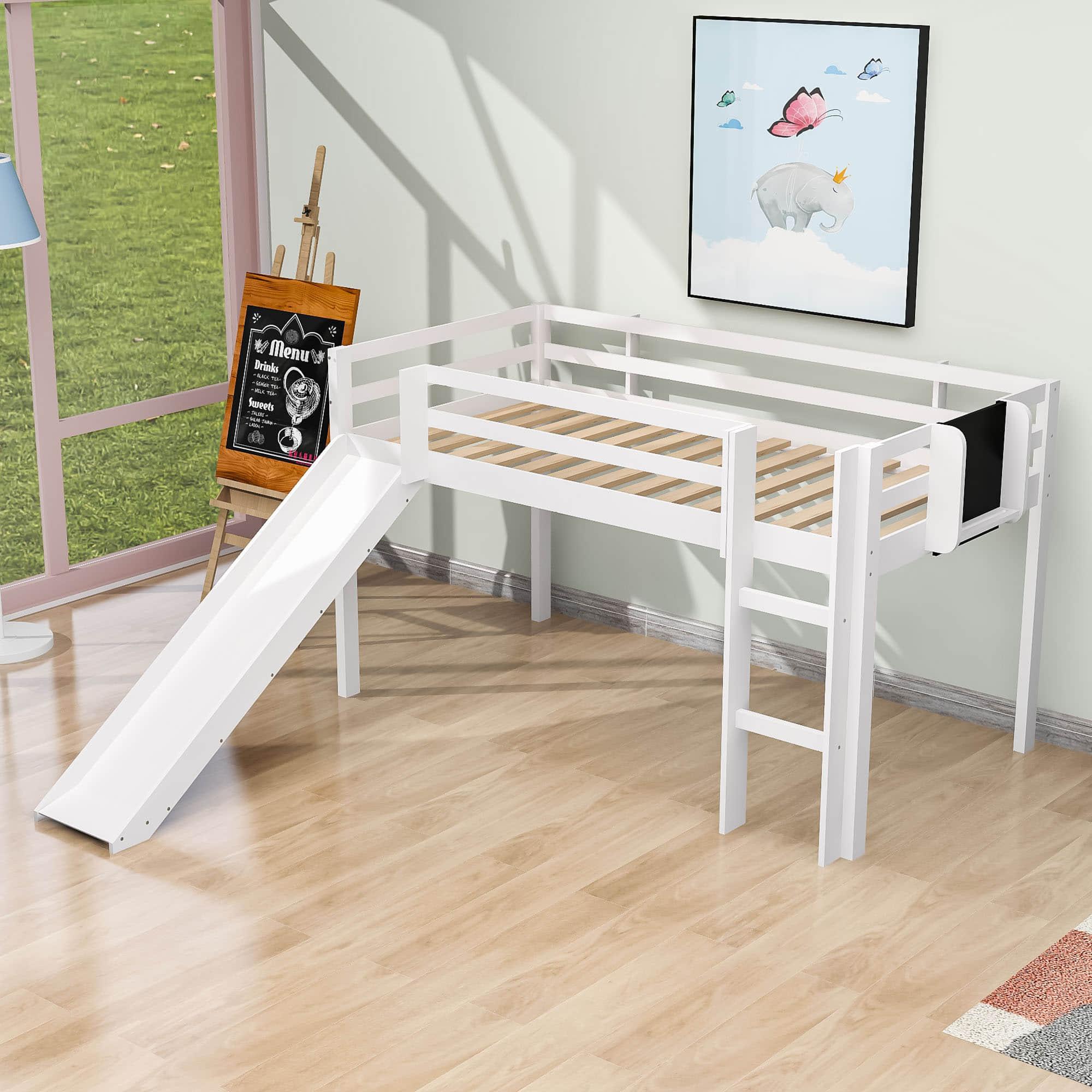 Low Twin Loft Bed with Slide and Chalkboard for Kids - [Wood, Interchangeable]