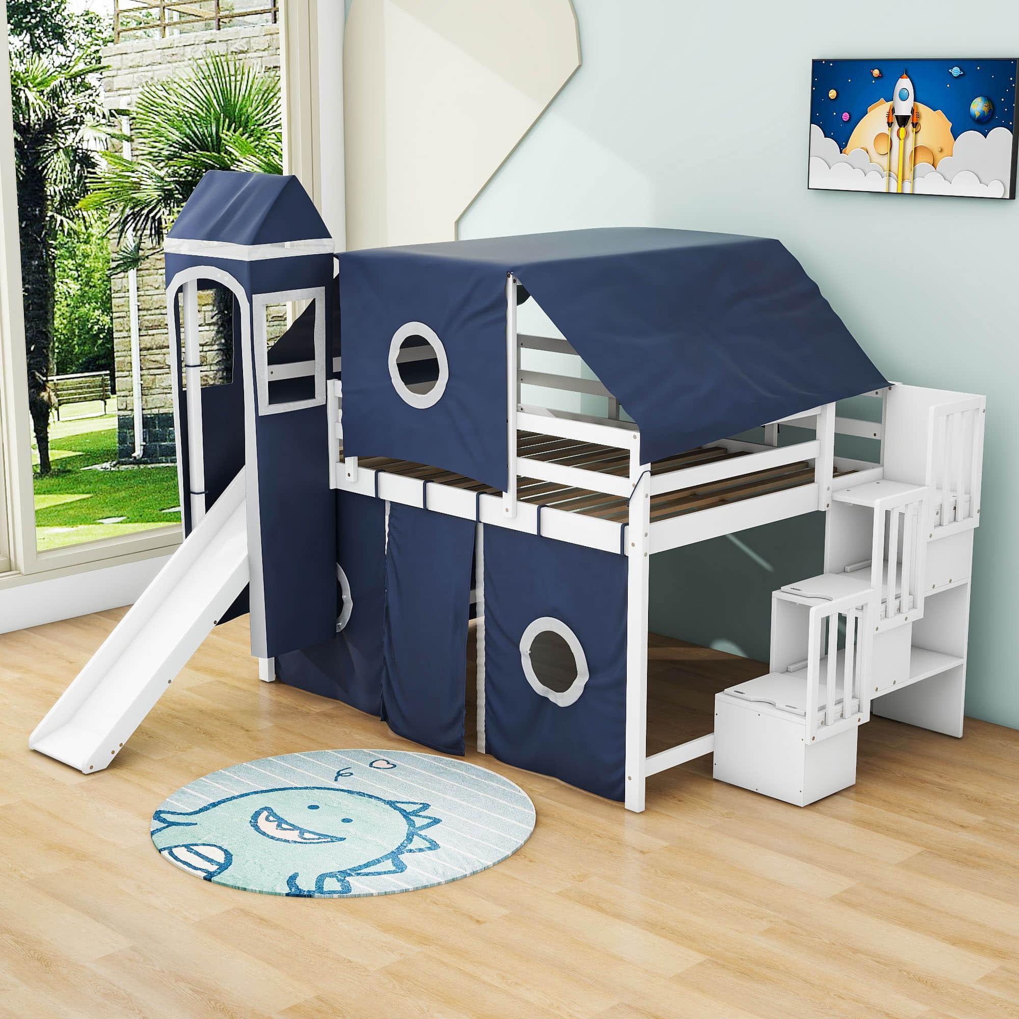 Wood Full Size Low Loft House Bed with Stairs and Slide for Kids