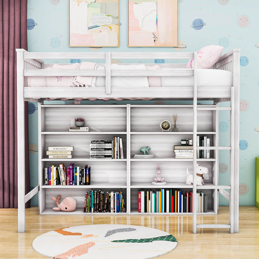 Wood Twin Loft Bed with Large Open Storage Shelves for Adults, Kids