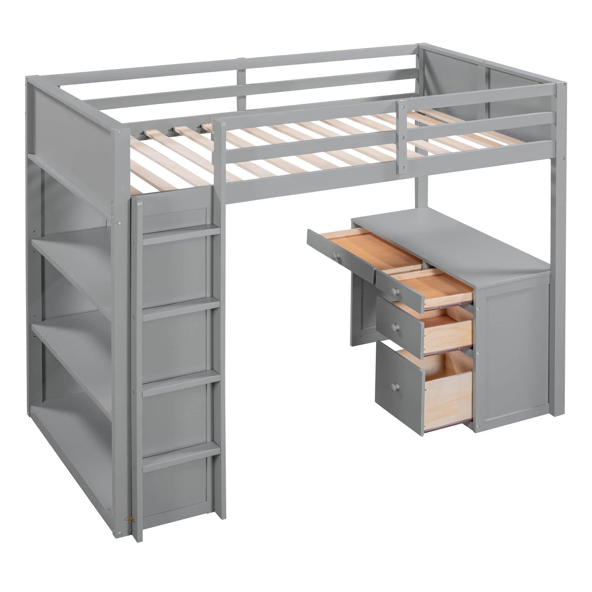 Twin Size Loft Bed with Desk and Storage Drawers, Shelves for Adults, Kids - [Wood]