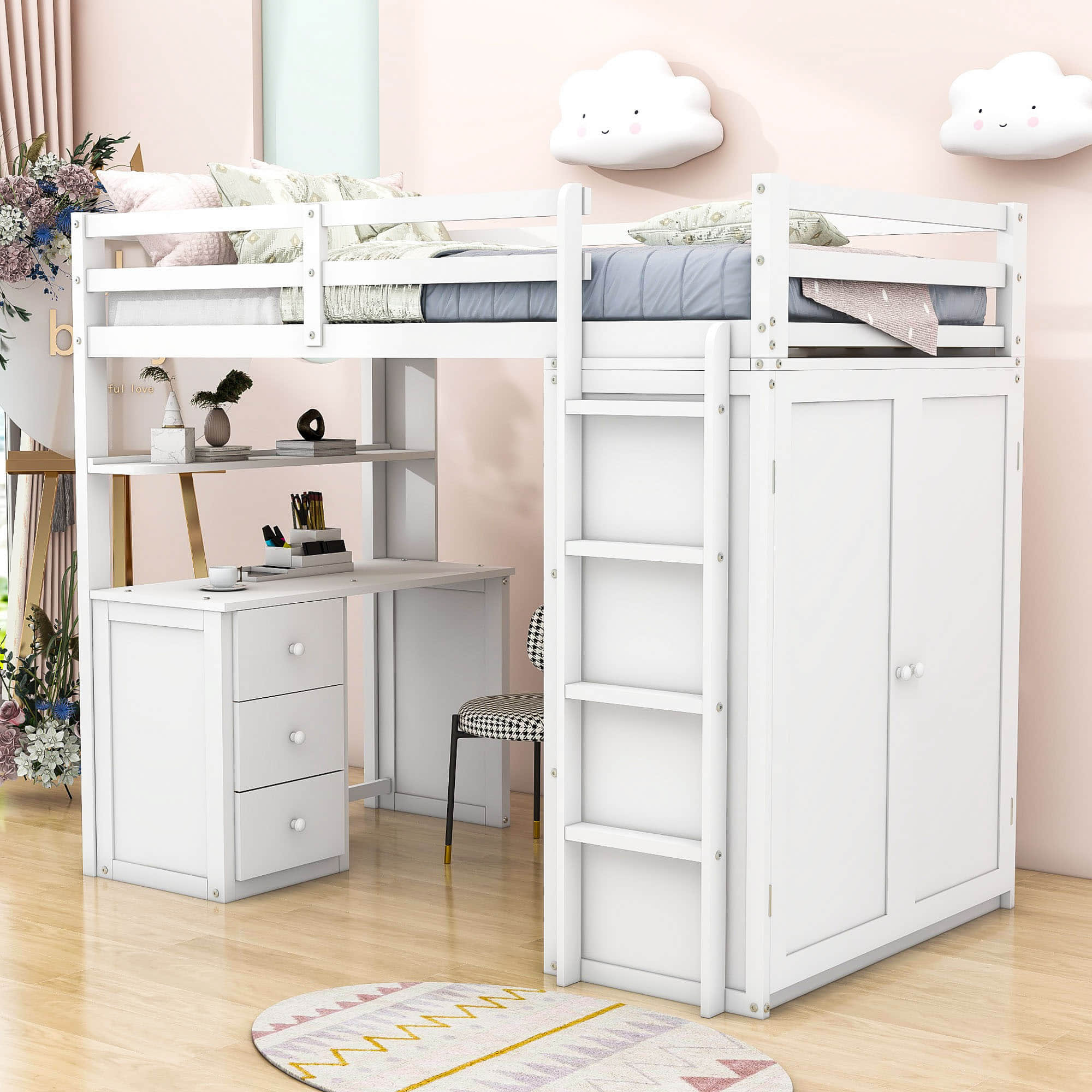 Wood Twin Loft Bed with Desk and Storage for Kids, Adults - [Wardrobe]