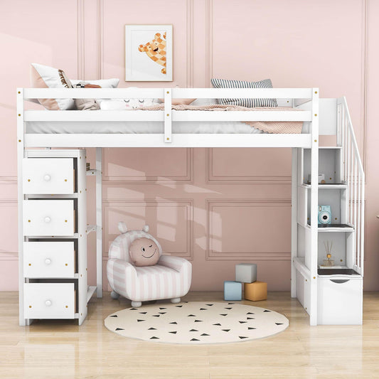 Twin Loft Bed with Stairs and Storage for Kids, Junior - [Wood, Drawers, Shelves]