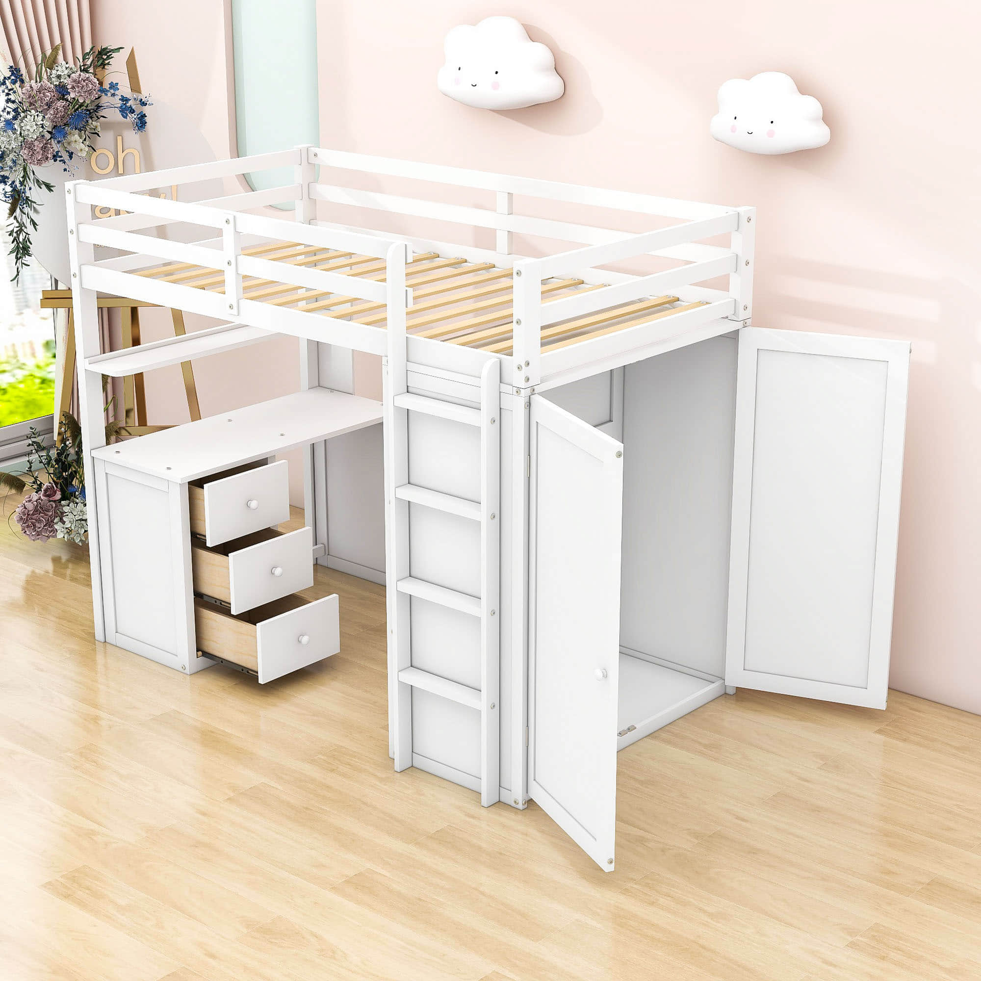 Wood Twin Loft Bed with Desk and Storage for Kids, Adults - [Wardrobe]