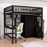 Full Size Loft Bed with Desk and Stairs, Storage - [Wood, Drawers, Wardrobe, Shelves]