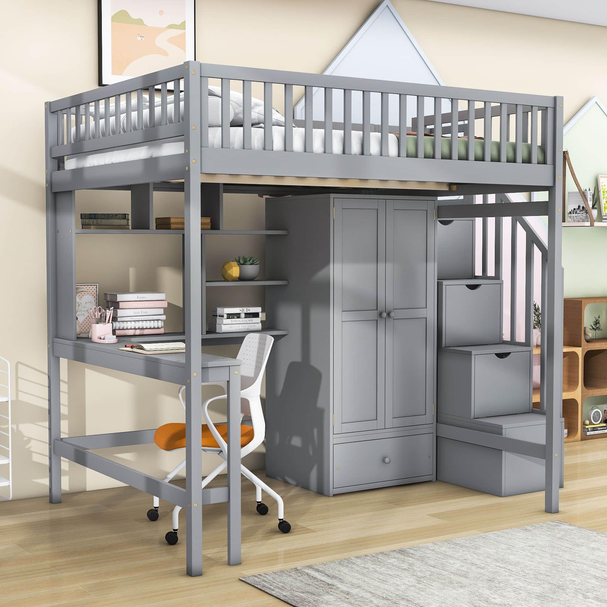 Full Size Loft Bed with Desk and Stairs, Storage - [Wood, Drawers, Wardrobe, Shelves]