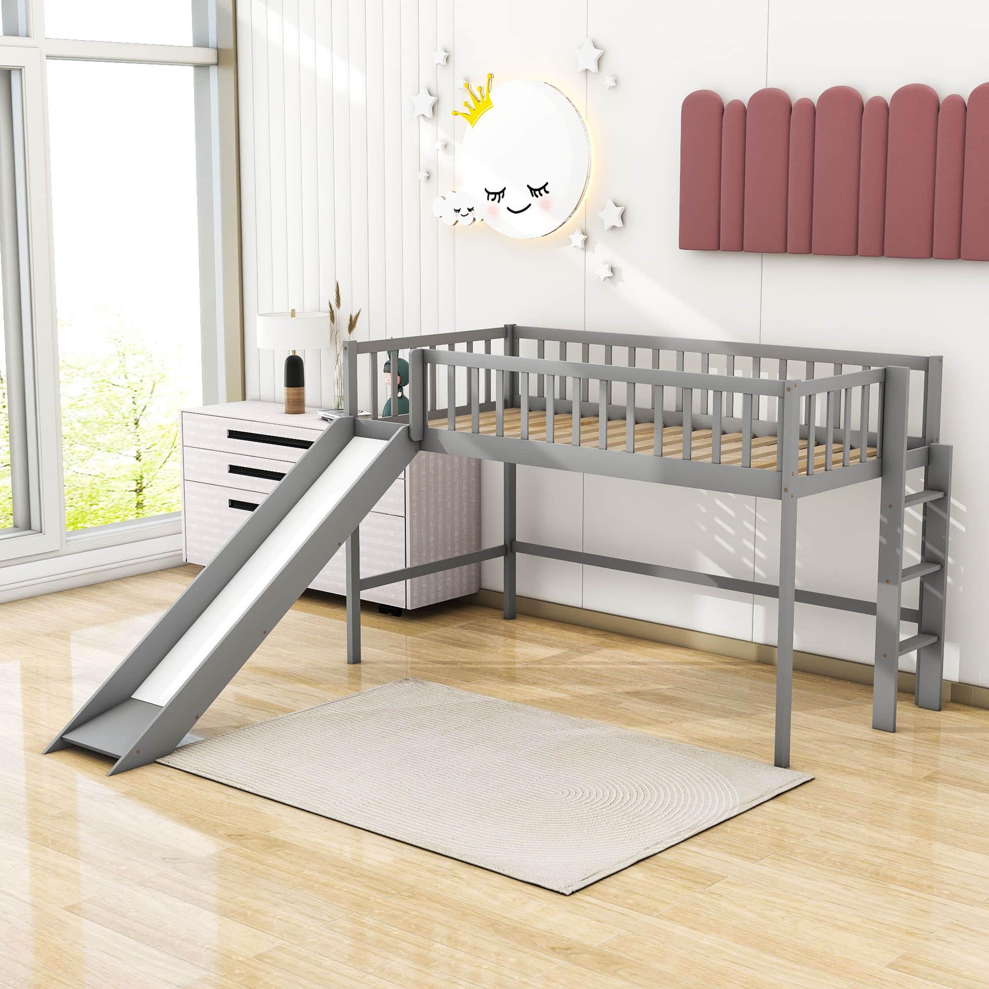 Small Twin Kids Loft Bed with Slide and Ladder - [Wood]