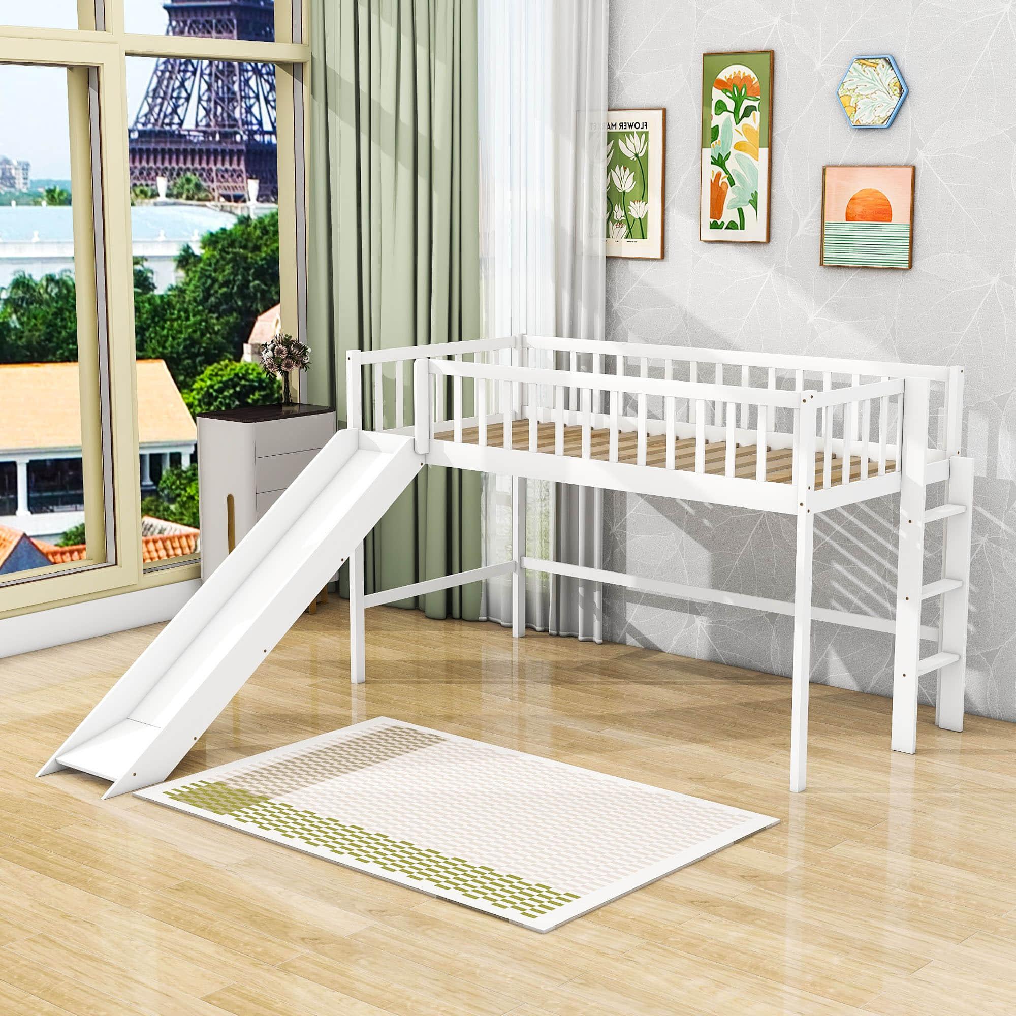 Small Twin Kids Loft Bed with Slide and Ladder - [Wood]