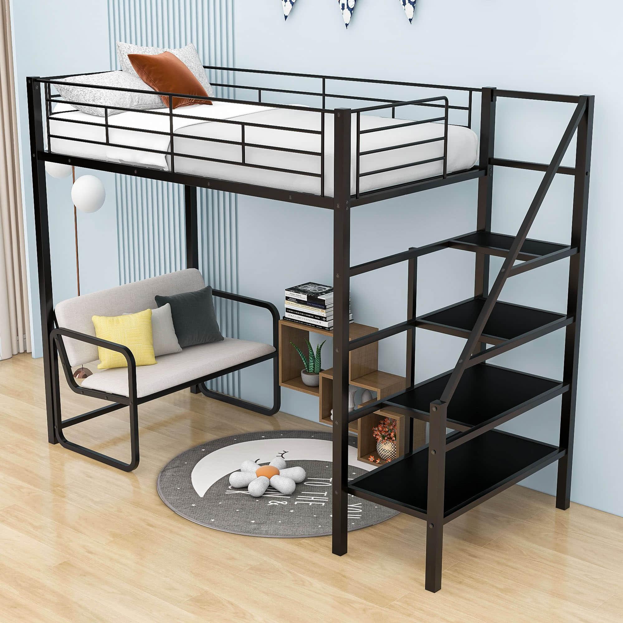 Metal Twin Loft Bed with Stairs and Couch, Storage Shelves for Kids, Adult